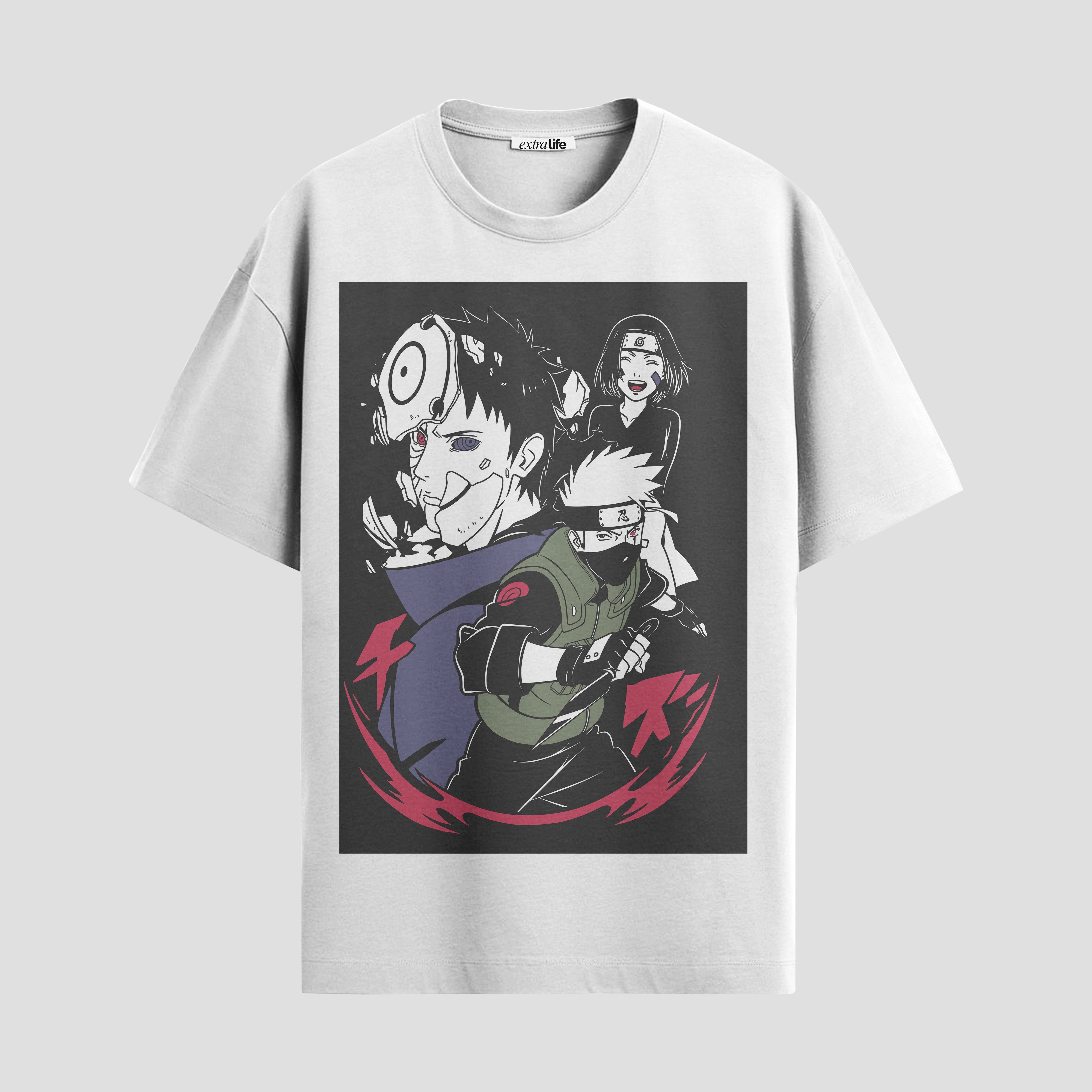 Playera urbana de anime y gaming ExtraLife MX, corte Standard Fit unisex ligero y transpirable en color Deep Black y Pure White, ropa de uso diario para gym y casual.