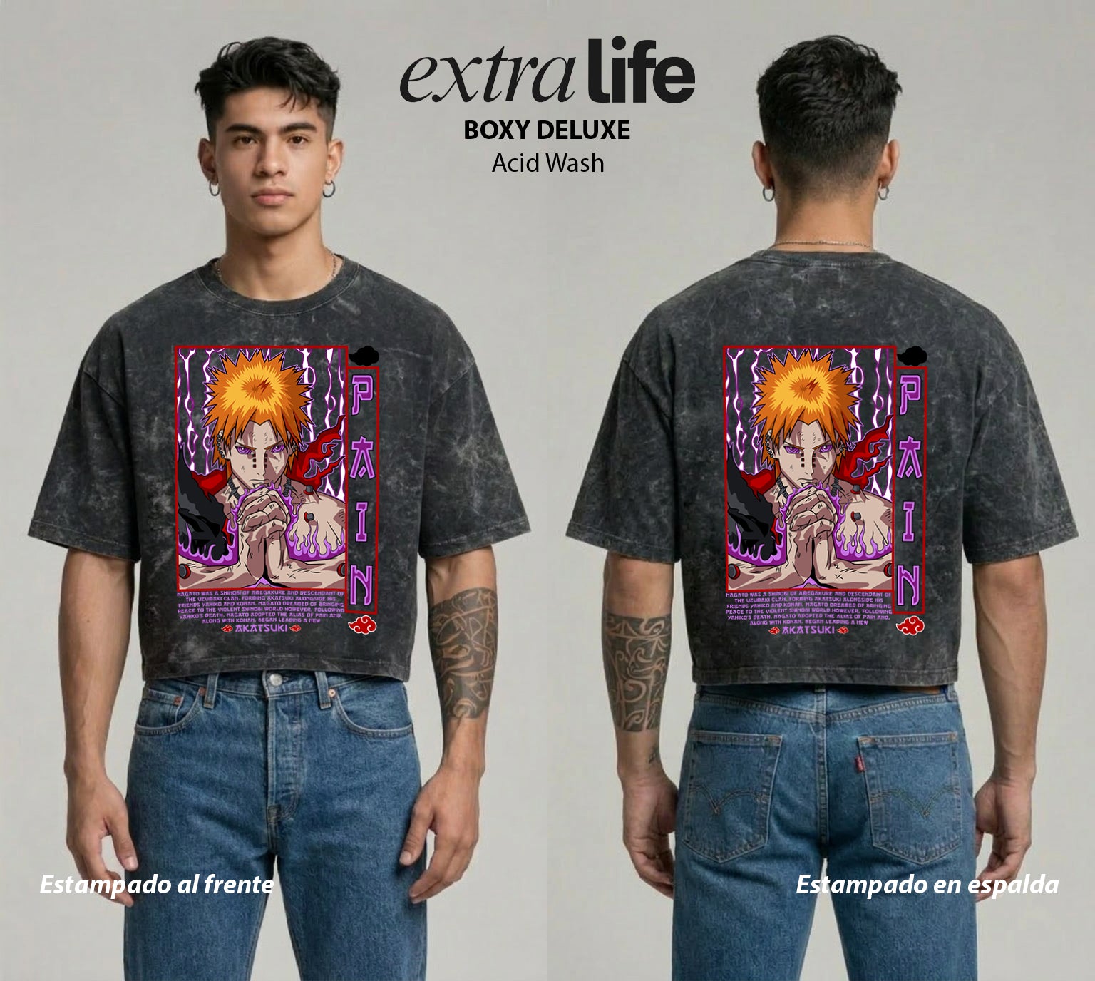 Playera streetwear premium de anime y gaming ExtraLife MX, corte boxy deluxe mineral wash heavyweight en color Acid Wash, moda urbana mexicana de culto.