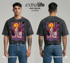 Playera streetwear premium de anime y gaming ExtraLife MX, corte boxy deluxe mineral wash heavyweight en color Acid Wash, moda urbana mexicana de culto.