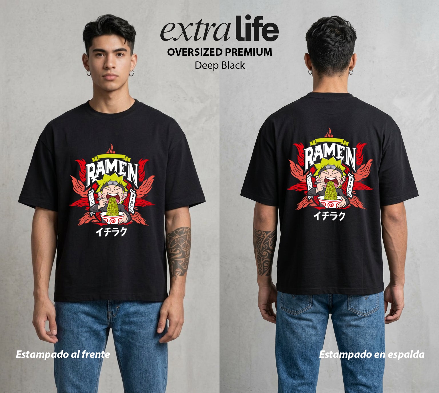 La Aldea Oculta | Zorro de Nueve Colas con Ramen #02889 - Playera Oversized Premium | Deep Black - Foto en modelo