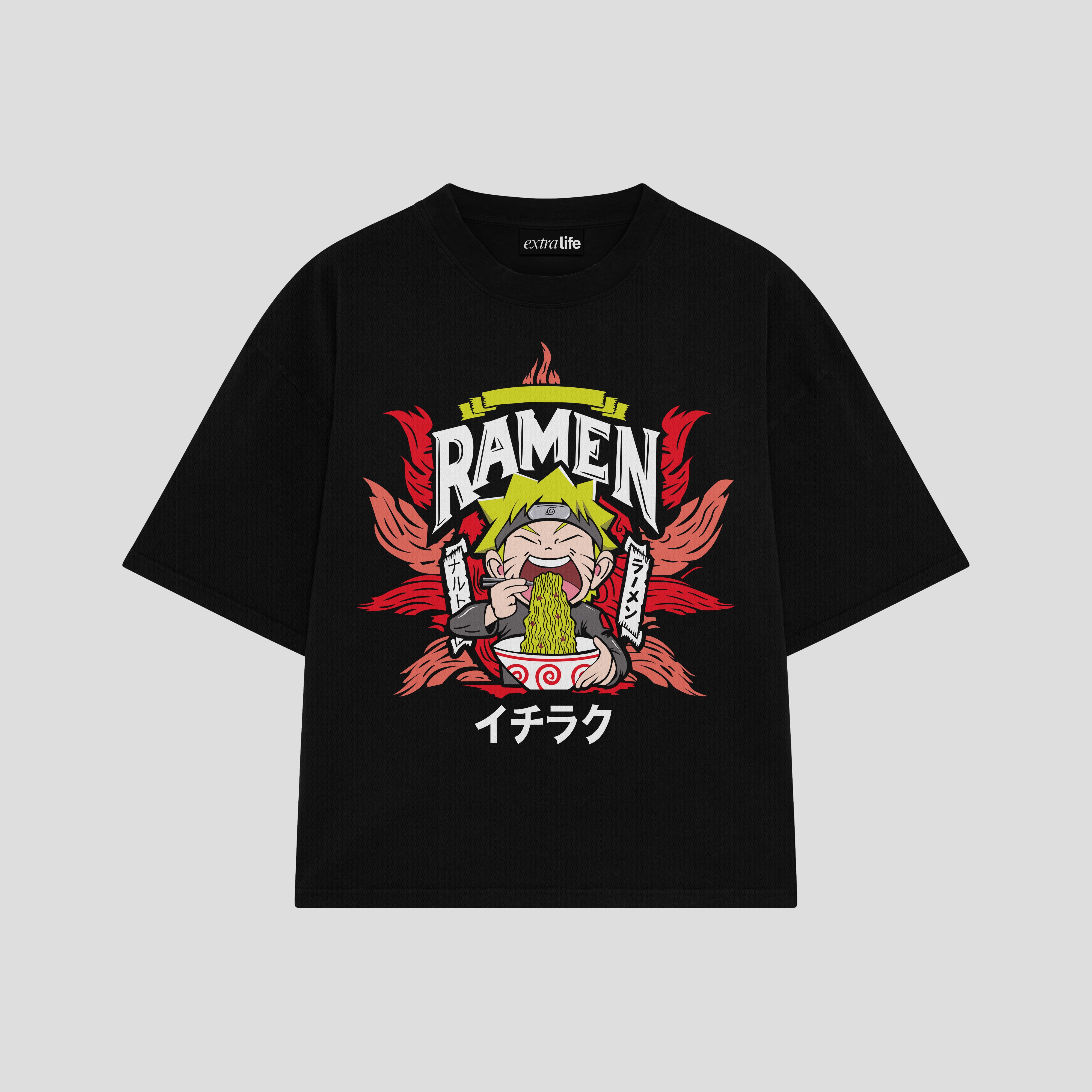 Playera streetwear premium de anime y gaming ExtraLife MX, corte boxy oversized drop shoulder heavyweight en color Deep Black y Off-White, moda urbana mexicana de culto.