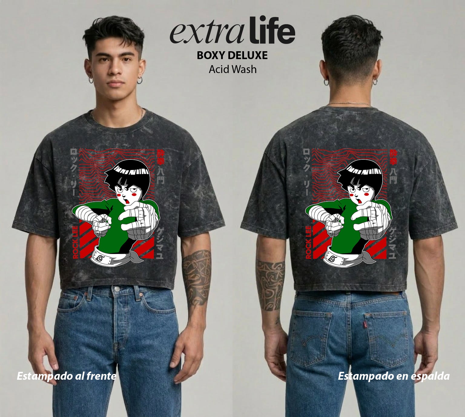 Playera streetwear premium de anime y gaming ExtraLife MX, corte boxy deluxe mineral wash heavyweight en color Acid Wash, moda urbana mexicana de culto.