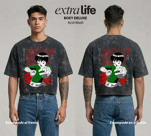 Playera streetwear premium de anime y gaming ExtraLife MX, corte boxy deluxe mineral wash heavyweight en color Acid Wash, moda urbana mexicana de culto.