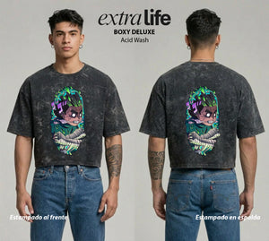 Playera streetwear premium de anime y gaming ExtraLife MX, corte boxy deluxe mineral wash heavyweight en color Acid Wash, moda urbana mexicana de culto.