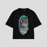Playera streetwear premium de anime y gaming ExtraLife MX, corte boxy oversized drop shoulder heavyweight en color Deep Black y Off-White, moda urbana mexicana de culto.