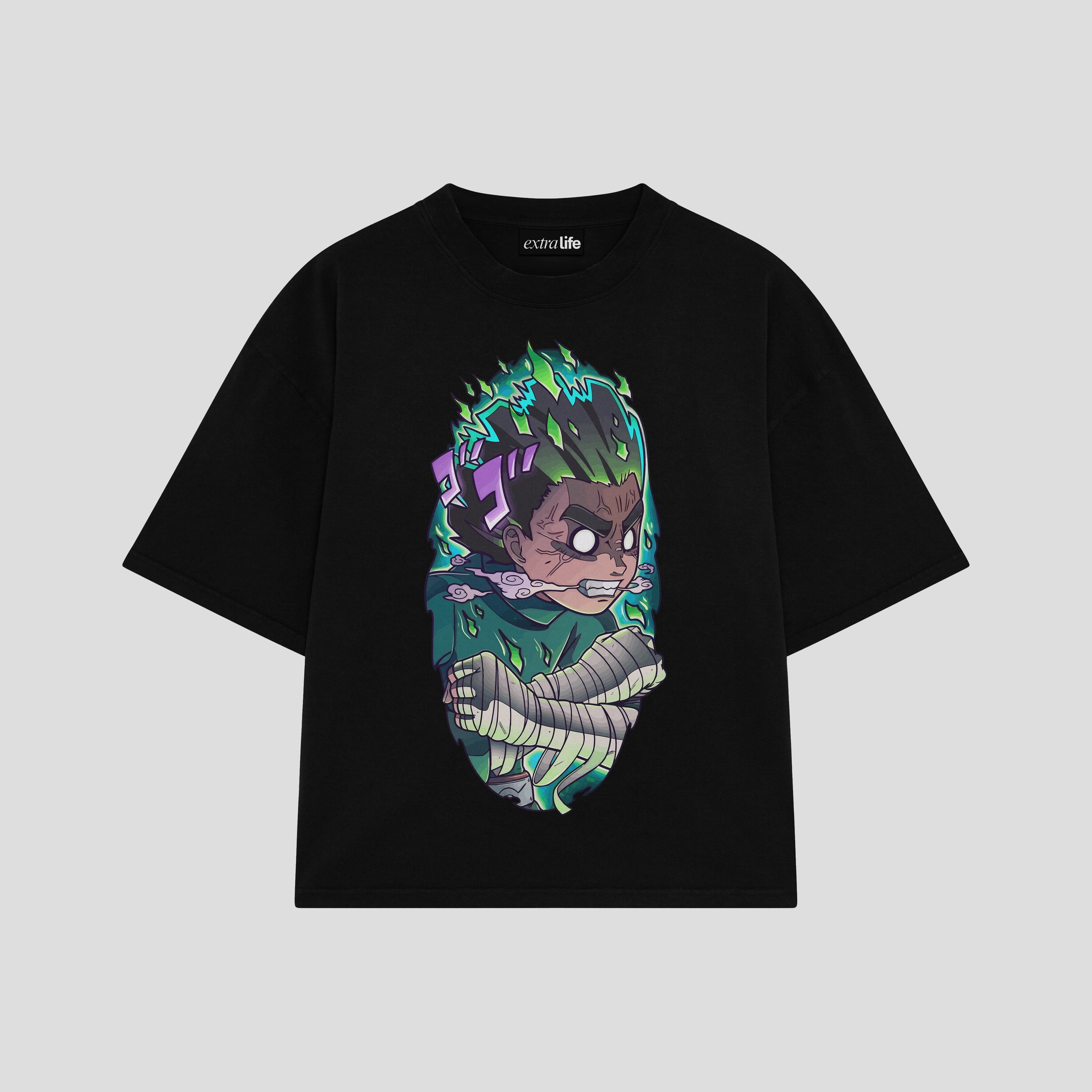 Playera streetwear premium de anime y gaming ExtraLife MX, corte boxy oversized drop shoulder heavyweight en color Deep Black y Off-White, moda urbana mexicana de culto.