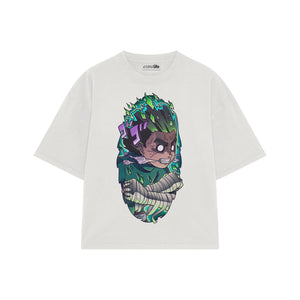 Playera streetwear premium de anime y gaming ExtraLife MX, corte boxy oversized drop shoulder heavyweight en color Deep Black y Off-White, moda urbana mexicana de culto.