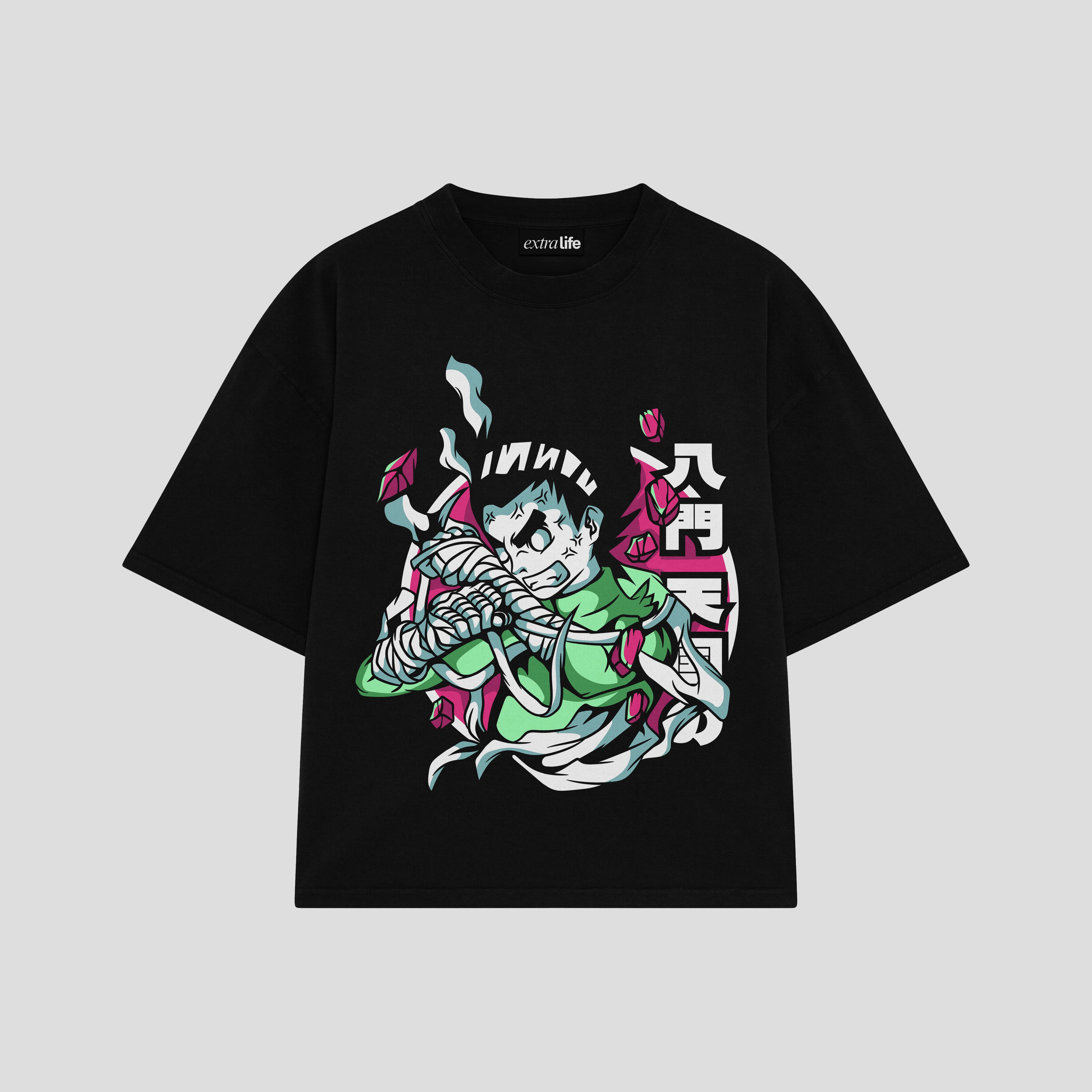 Playera streetwear premium de anime y gaming ExtraLife MX, corte boxy oversized drop shoulder heavyweight en color Deep Black y Off-White, moda urbana mexicana de culto.