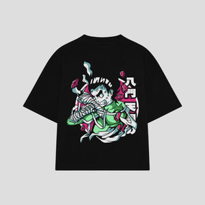 Playera streetwear premium de anime y gaming ExtraLife MX, corte boxy oversized drop shoulder heavyweight en color Deep Black y Off-White, moda urbana mexicana de culto.