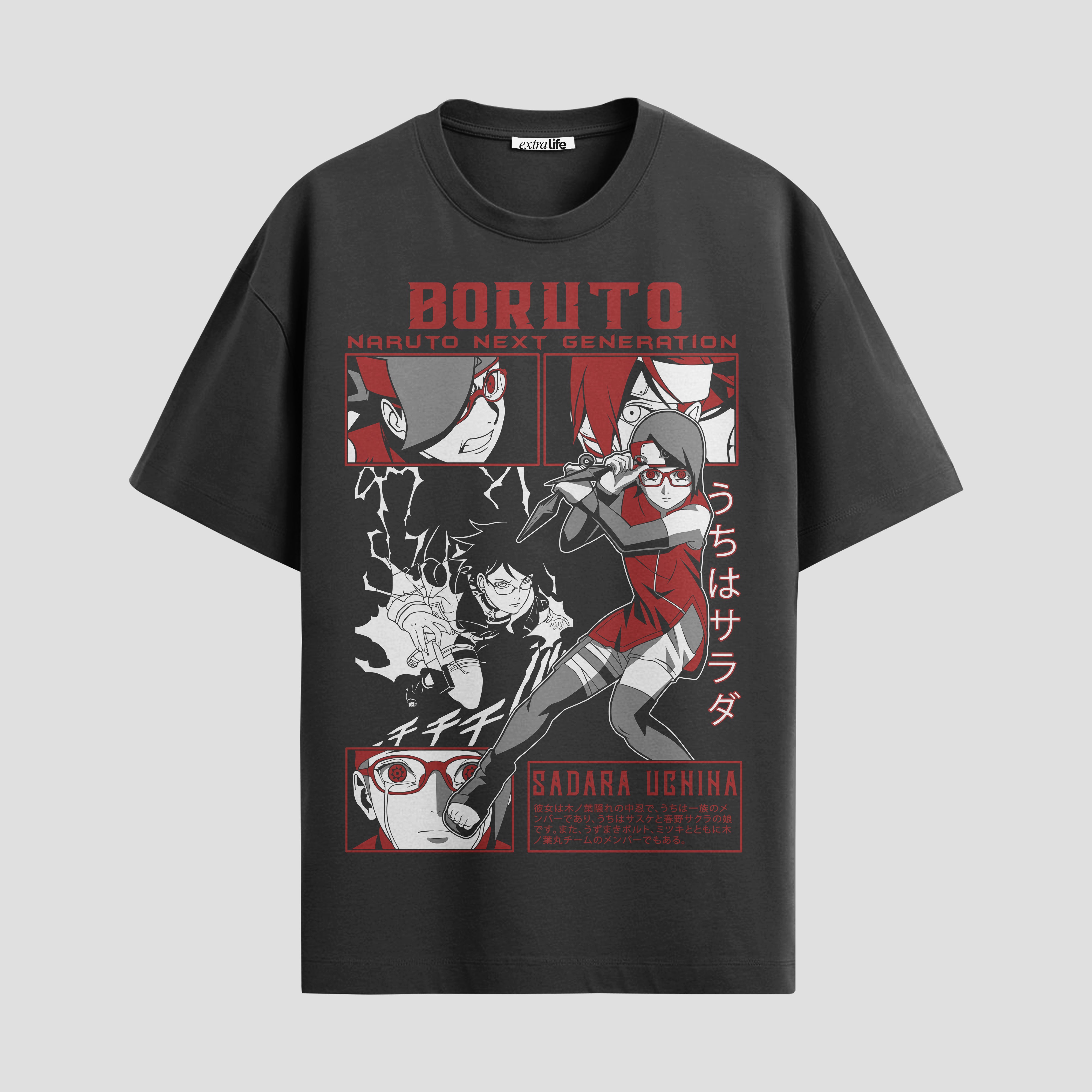 Playera urbana de anime y gaming ExtraLife MX, corte Standard Fit unisex ligero y transpirable en color Deep Black y Pure White, ropa de uso diario para gym y casual.