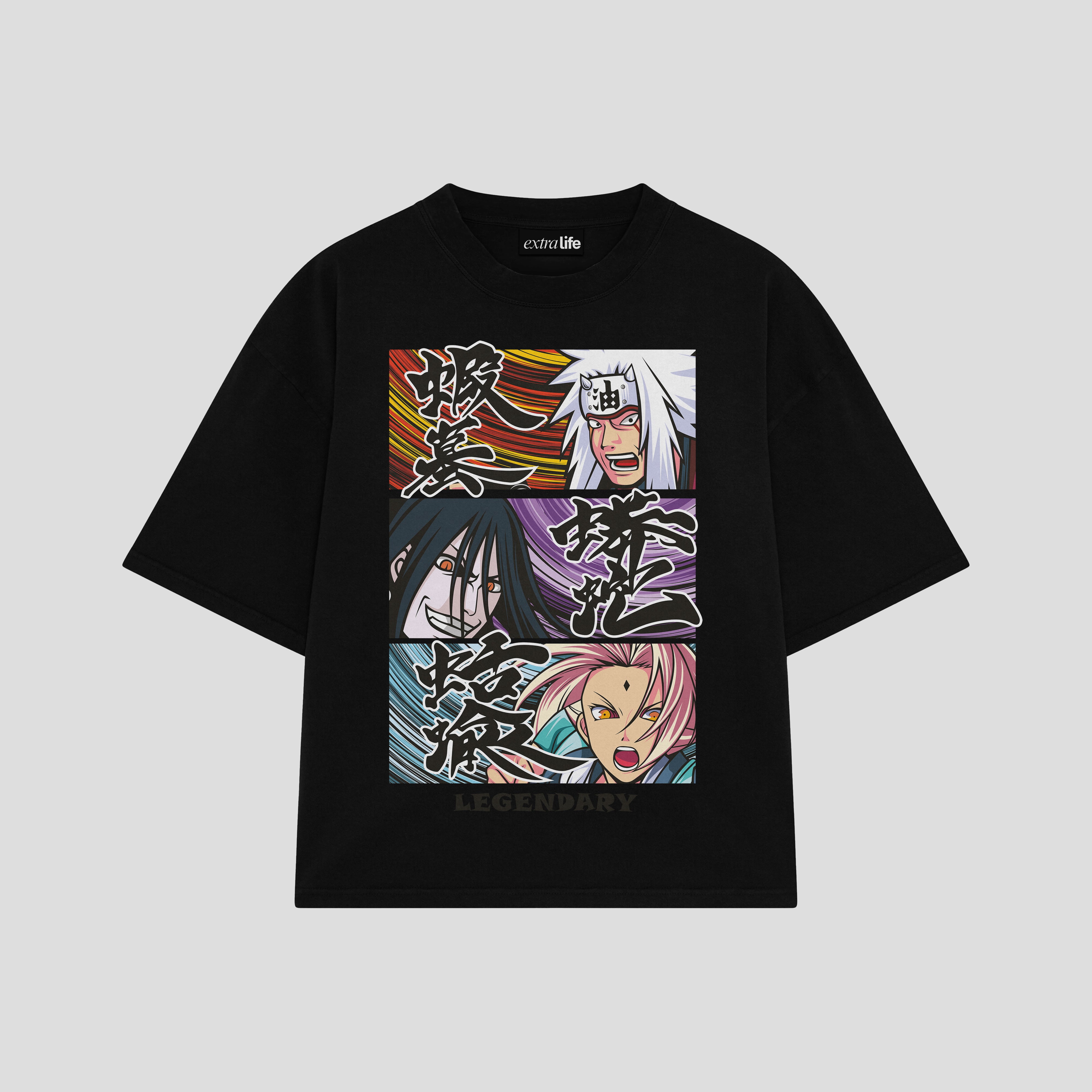 Playera streetwear premium de anime y gaming ExtraLife MX, corte boxy oversized drop shoulder heavyweight en color Deep Black y Off-White, moda urbana mexicana de culto.