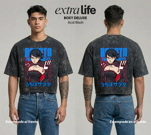 Playera streetwear premium de anime y gaming ExtraLife MX, corte boxy deluxe mineral wash heavyweight en color Acid Wash, moda urbana mexicana de culto.