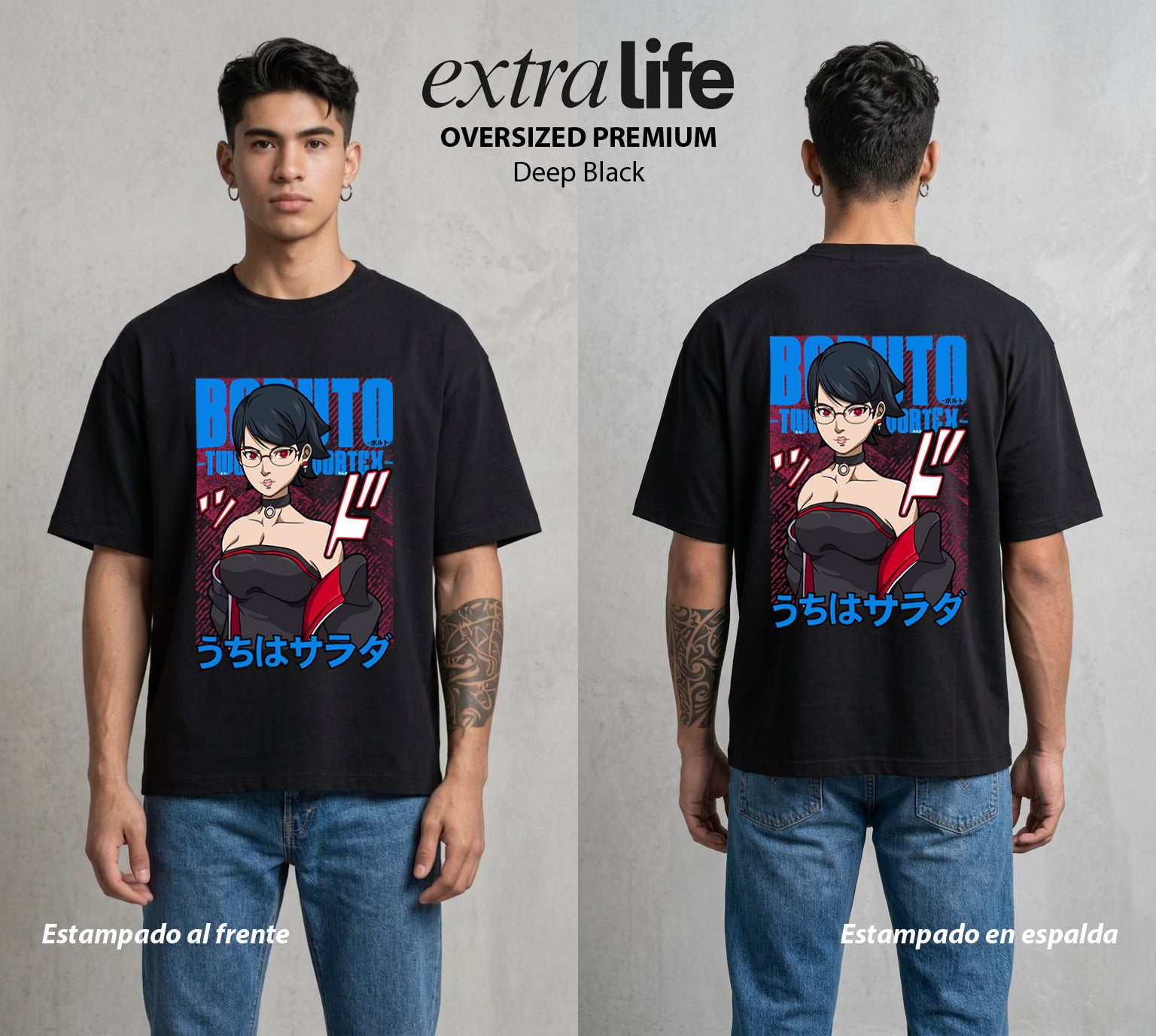La Aldea Oculta | Zorro de Nueve Colas #02901 - Playera Oversized Premium | Deep Black - Foto en modelo