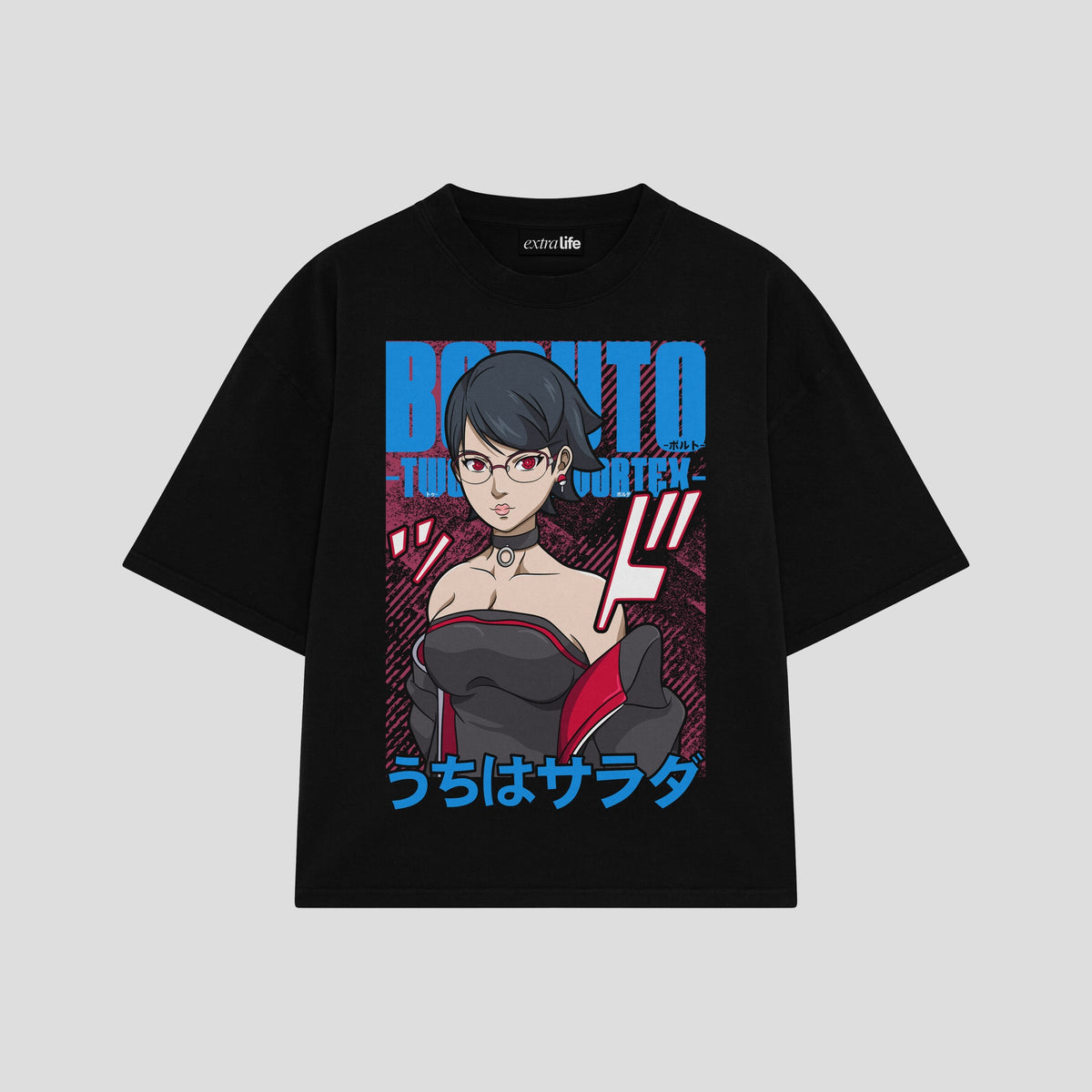 Playera streetwear premium de anime y gaming ExtraLife MX, corte oversized drop shoulder ligero y fresco en color Deep Black y Off-White, moda urbana mexicana de culto.