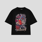 Playera streetwear premium de anime y gaming ExtraLife MX, corte boxy oversized drop shoulder heavyweight en color Deep Black y Off-White, moda urbana mexicana de culto.