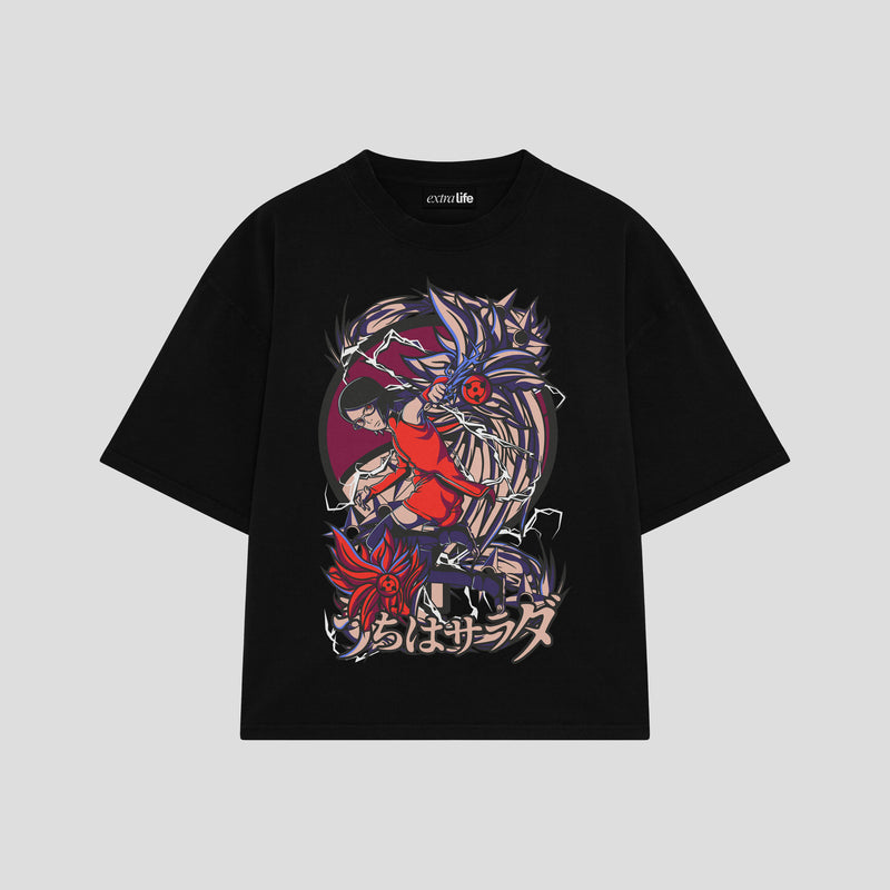 Playera streetwear premium de anime y gaming ExtraLife MX, corte boxy oversized drop shoulder heavyweight en color Deep Black y Off-White, moda urbana mexicana de culto.