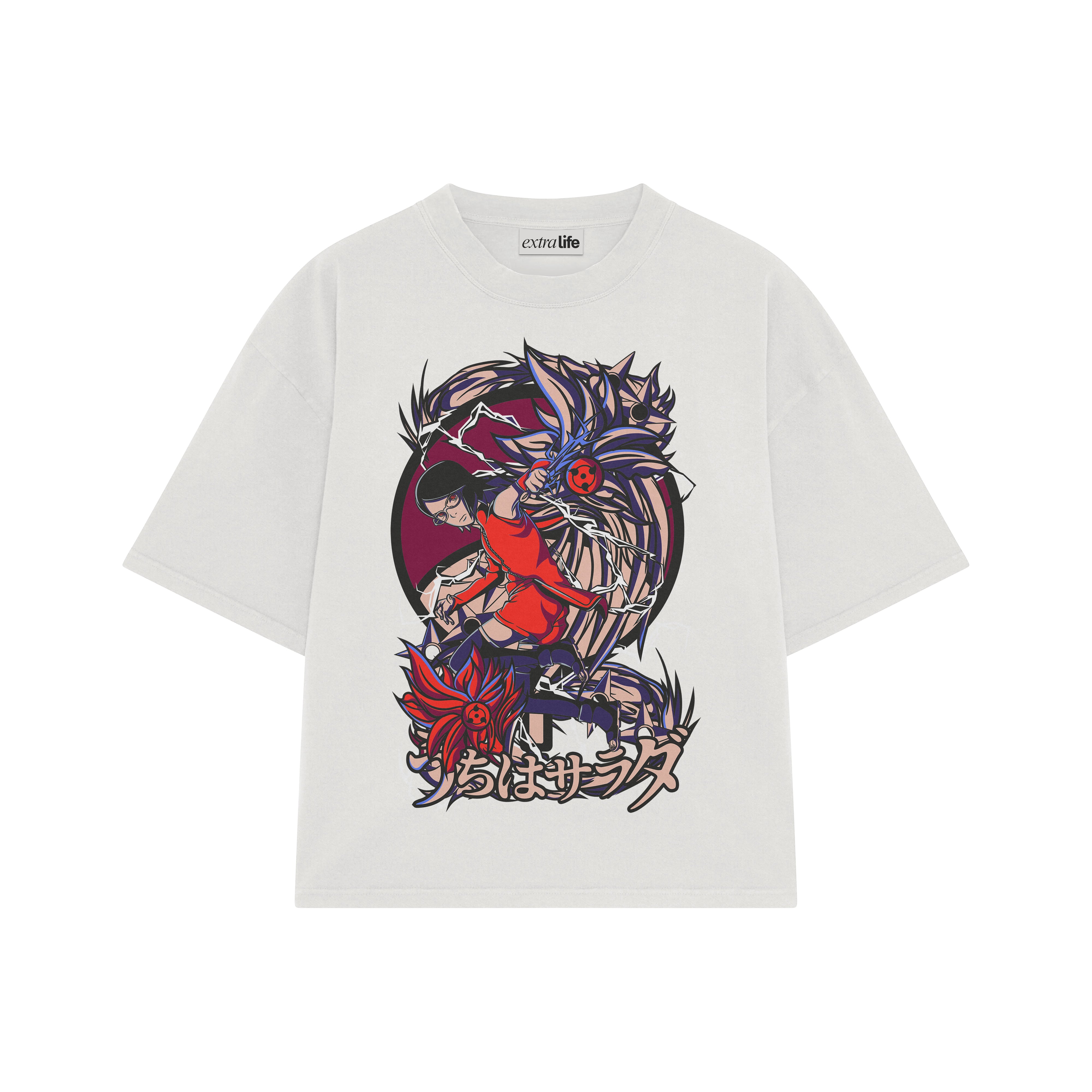 Playera streetwear premium de anime y gaming ExtraLife MX, corte boxy oversized drop shoulder heavyweight en color Deep Black y Off-White, moda urbana mexicana de culto.