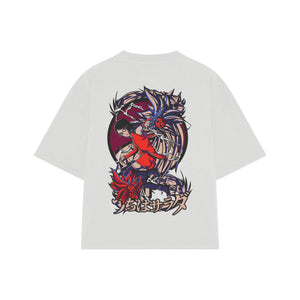 Playera streetwear premium de anime y gaming ExtraLife MX, corte boxy oversized drop shoulder heavyweight en color Deep Black y Off-White, moda urbana mexicana de culto.