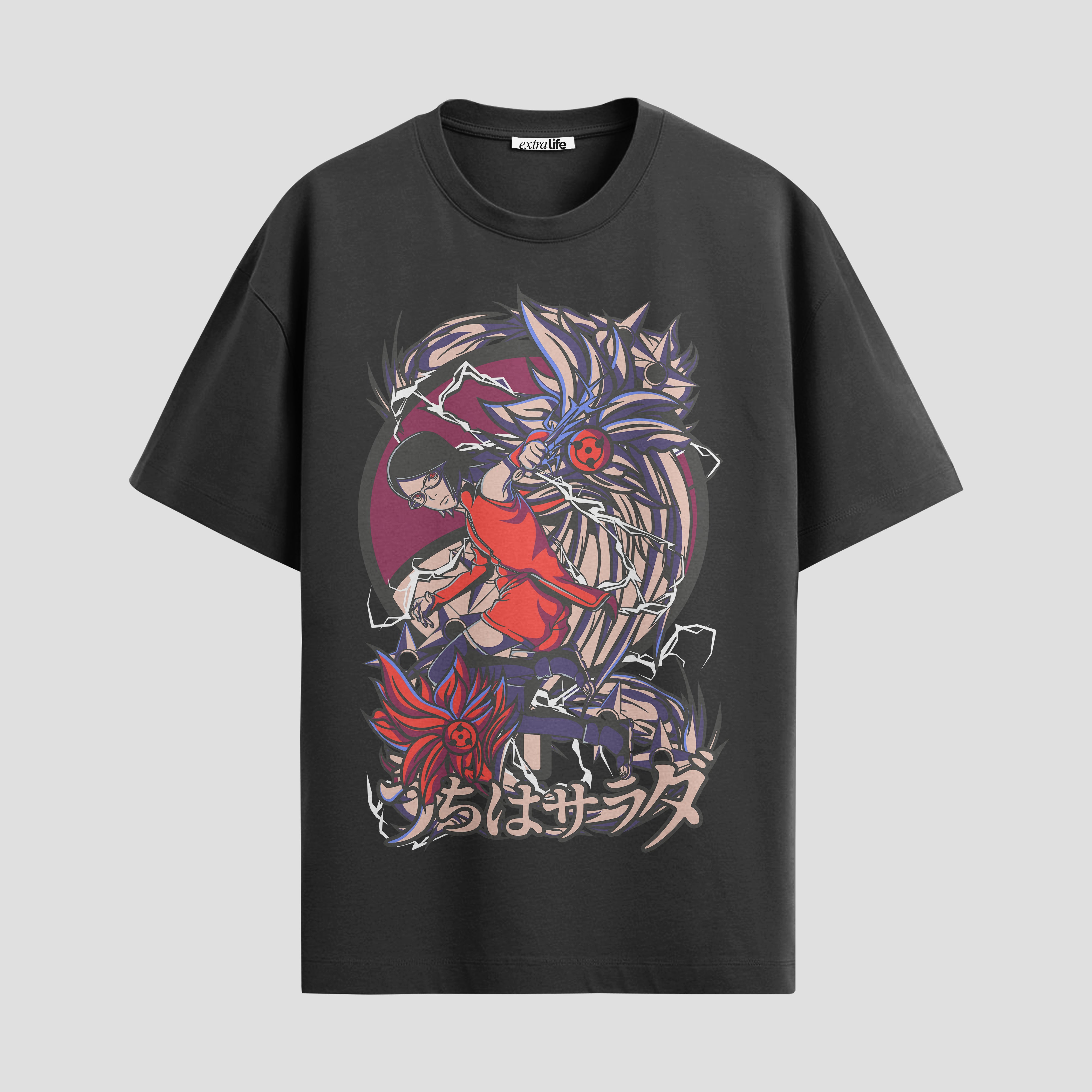 Playera urbana de anime y gaming ExtraLife MX, corte Standard Fit unisex ligero y transpirable en color Deep Black y Pure White, ropa de uso diario para gym y casual.