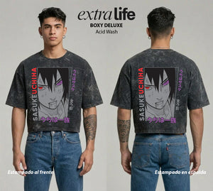 Playera streetwear premium de anime y gaming ExtraLife MX, corte boxy deluxe mineral wash heavyweight en color Acid Wash, moda urbana mexicana de culto.