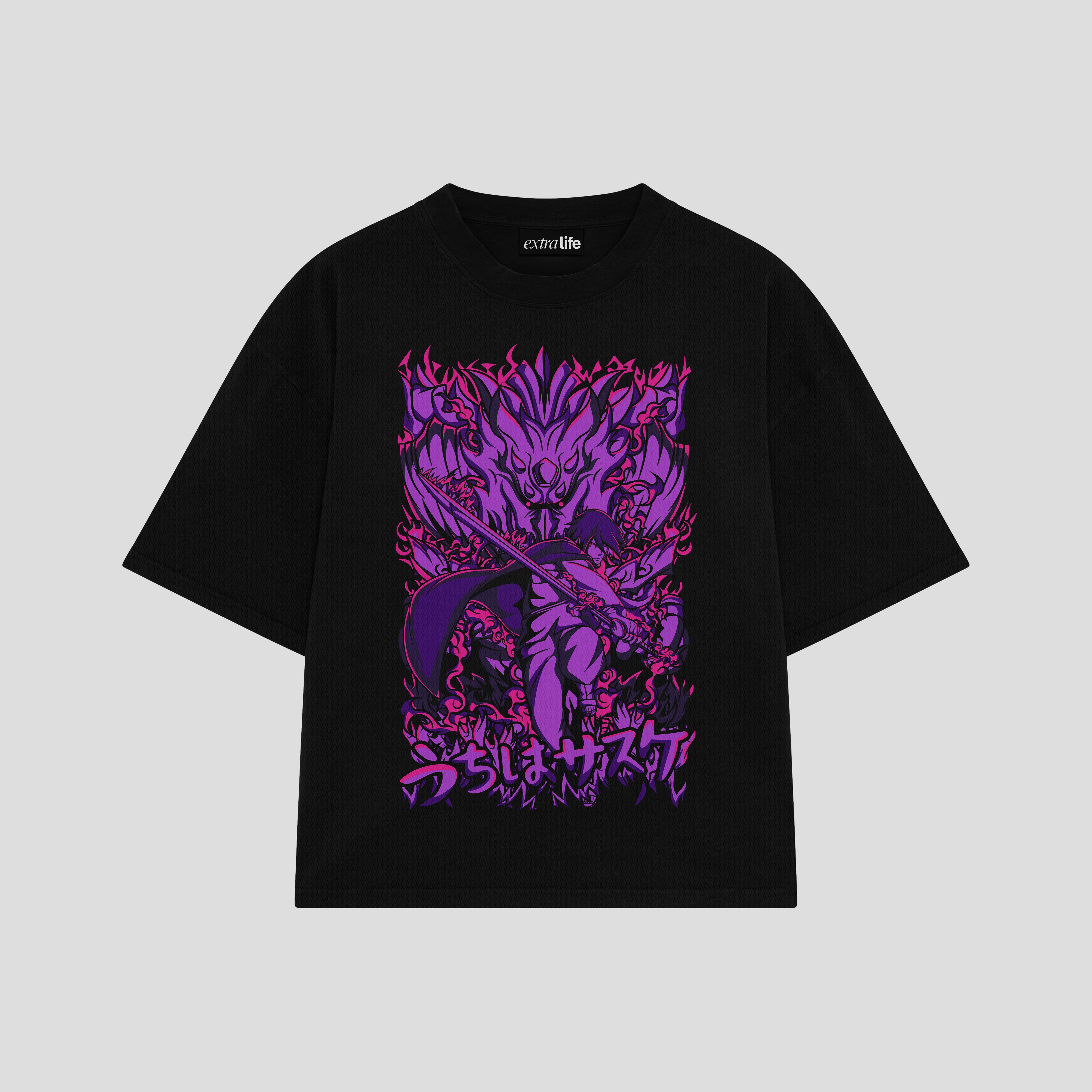 Playera streetwear premium de anime y gaming ExtraLife MX, corte boxy oversized drop shoulder heavyweight en color Deep Black y Off-White, moda urbana mexicana de culto.