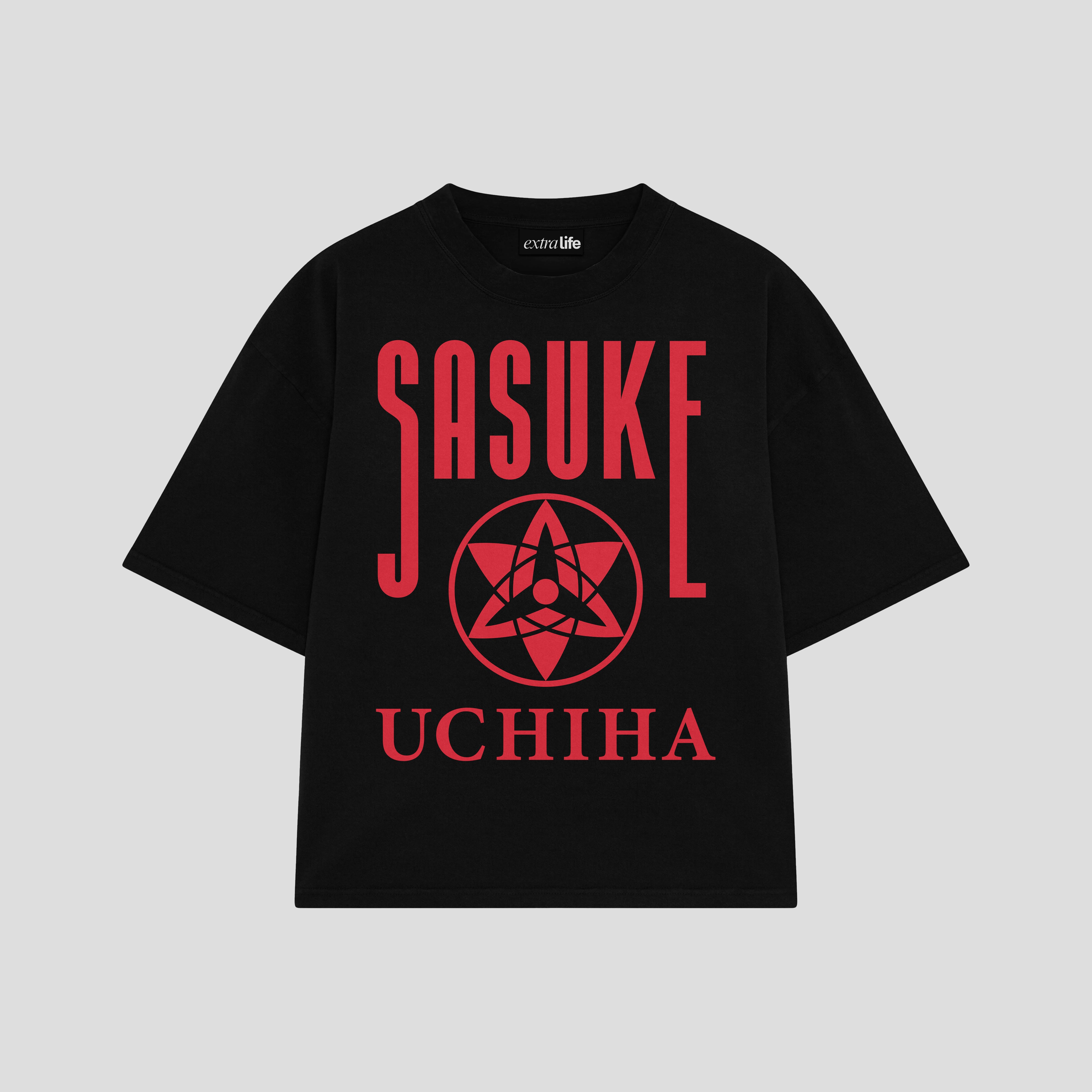 Playera streetwear premium de anime y gaming ExtraLife MX, corte boxy oversized drop shoulder heavyweight en color Deep Black y Off-White, moda urbana mexicana de culto.