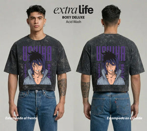 Playera streetwear premium de anime y gaming ExtraLife MX, corte boxy deluxe mineral wash heavyweight en color Acid Wash, moda urbana mexicana de culto.