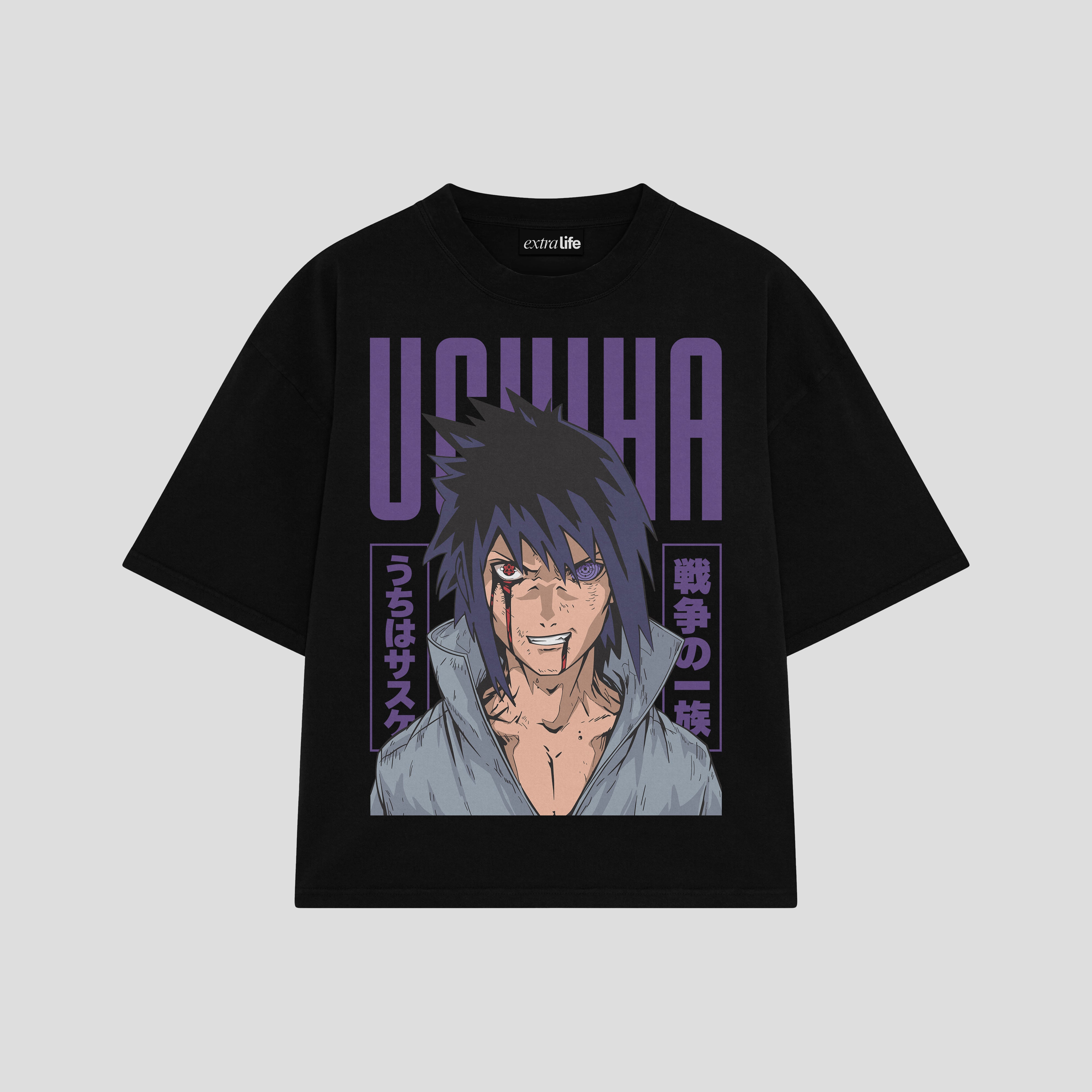 Playera streetwear premium de anime y gaming ExtraLife MX, corte boxy oversized drop shoulder heavyweight en color Deep Black y Off-White, moda urbana mexicana de culto.