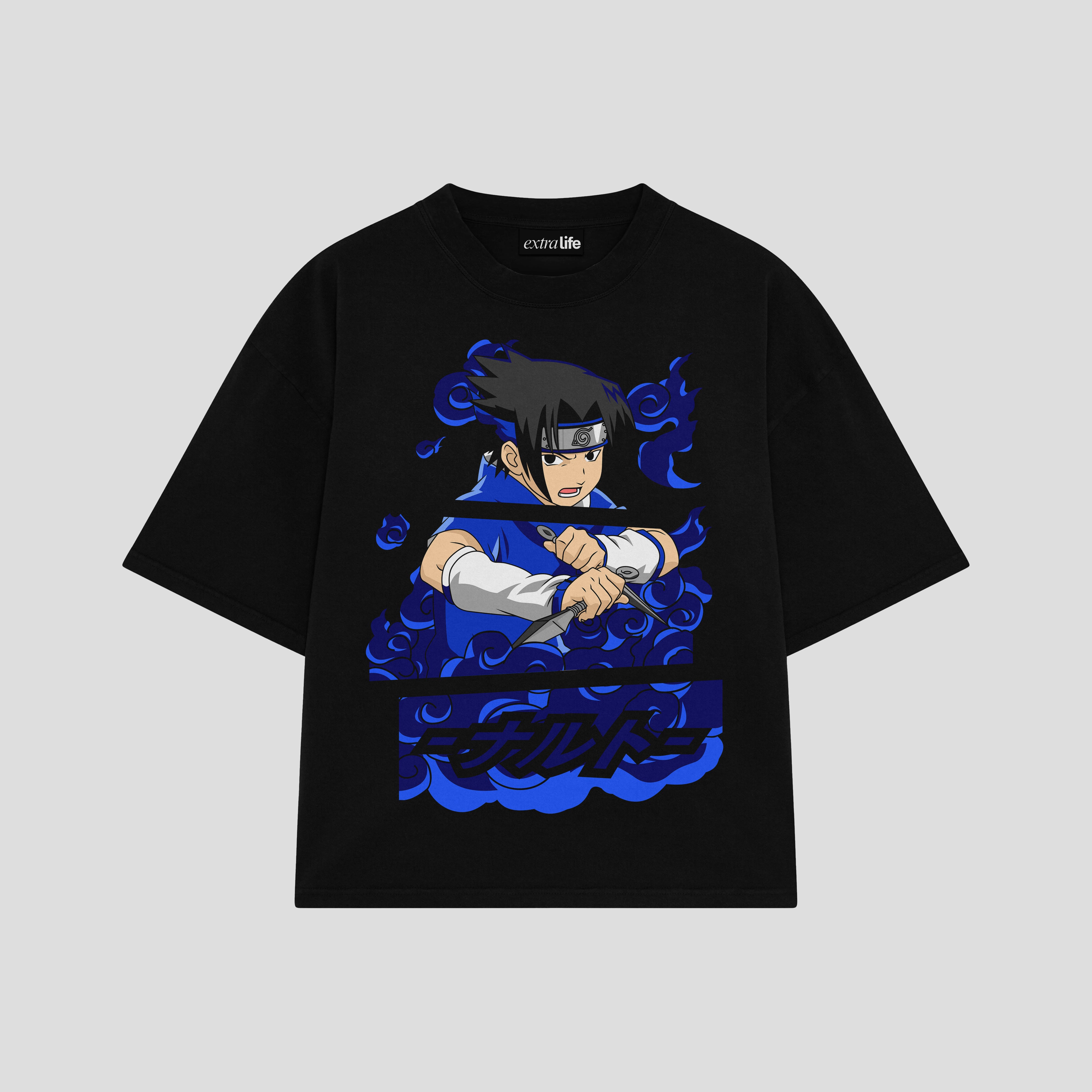 Playera streetwear premium de anime y gaming ExtraLife MX, corte boxy oversized drop shoulder heavyweight en color Deep Black y Off-White, moda urbana mexicana de culto.