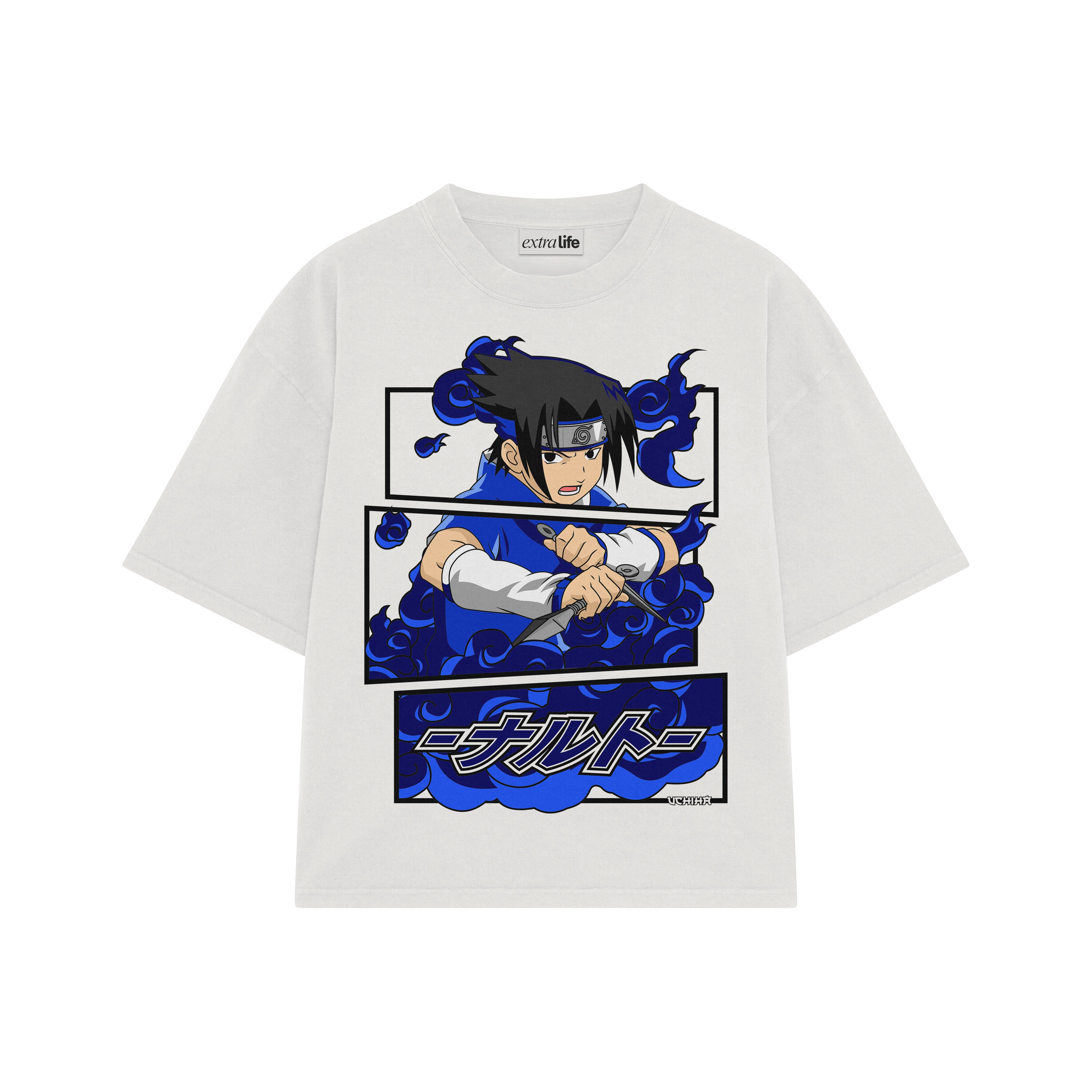 Playera streetwear premium de anime y gaming ExtraLife MX, corte boxy oversized drop shoulder heavyweight en color Deep Black y Off-White, moda urbana mexicana de culto.