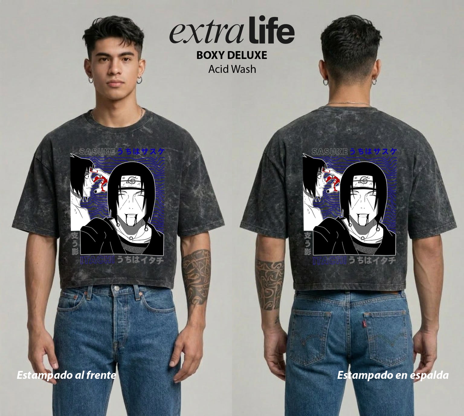 Playera streetwear premium de anime y gaming ExtraLife MX, corte boxy deluxe mineral wash heavyweight en color Acid Wash, moda urbana mexicana de culto.