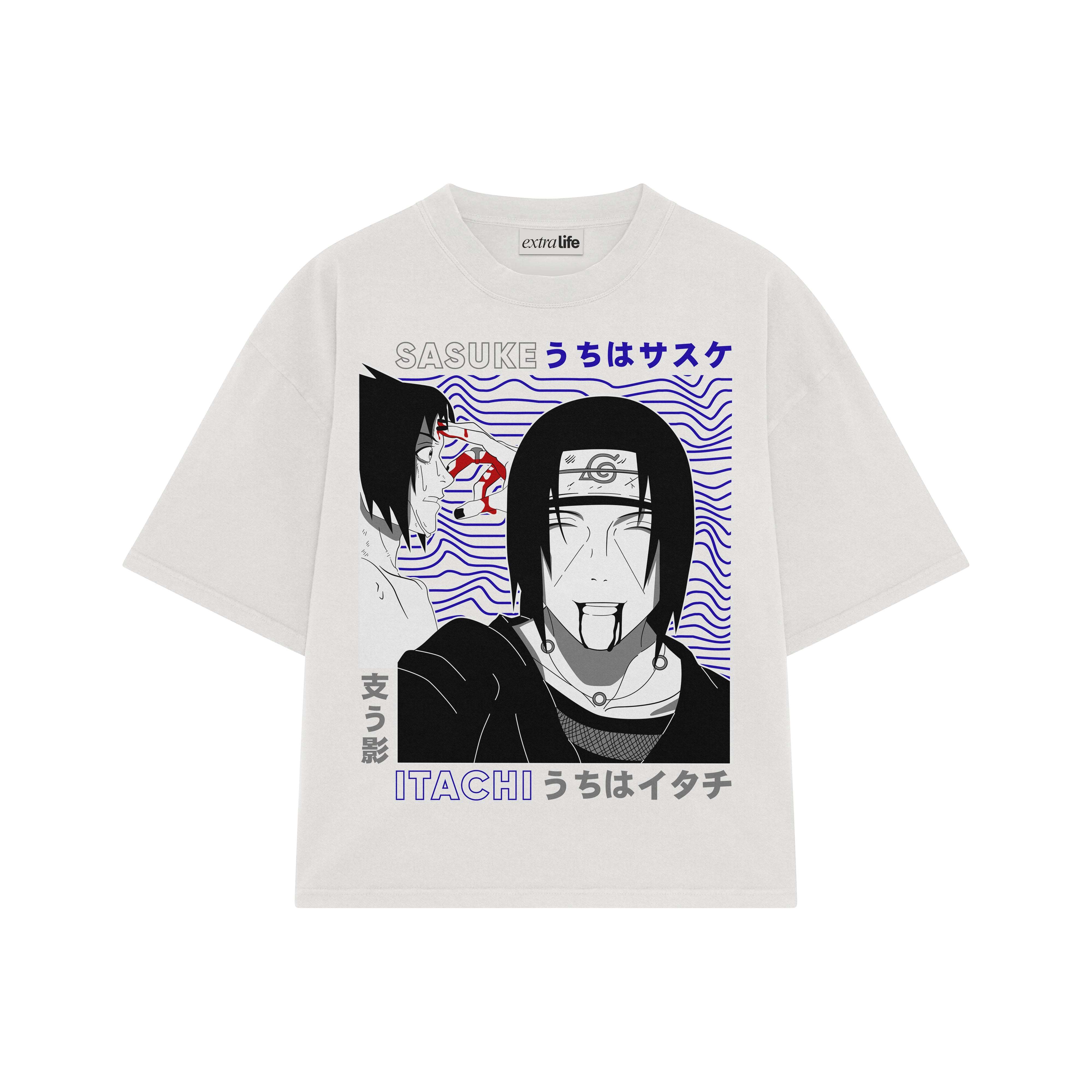 Playera streetwear premium de anime y gaming ExtraLife MX, corte boxy oversized drop shoulder heavyweight en color Deep Black y Off-White, moda urbana mexicana de culto.
