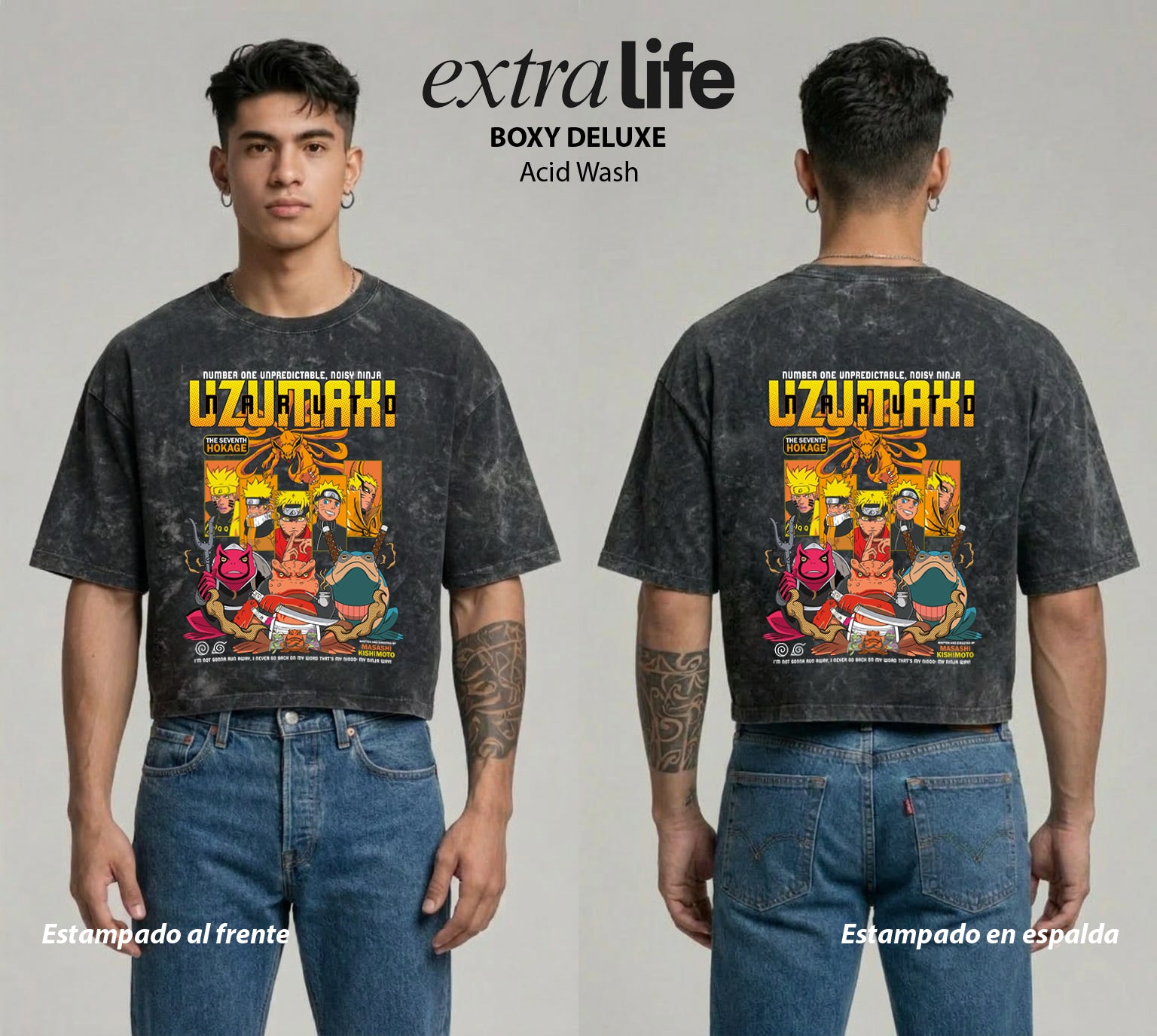 Playera streetwear premium de anime y gaming ExtraLife MX, corte boxy deluxe mineral wash heavyweight en color Acid Wash, moda urbana mexicana de culto.