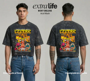 Playera streetwear premium de anime y gaming ExtraLife MX, corte boxy deluxe mineral wash heavyweight en color Acid Wash, moda urbana mexicana de culto.