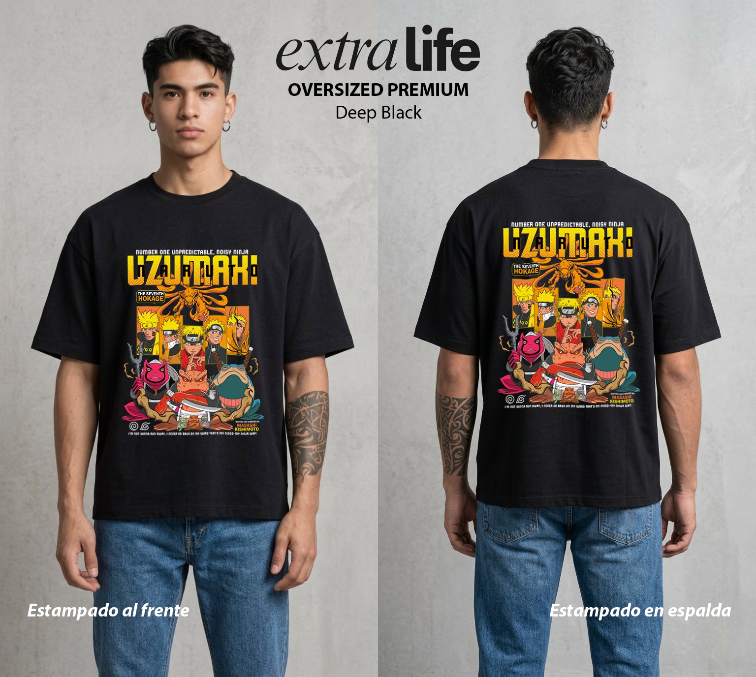 La Aldea Oculta | Zorro de Nueve Colas #02914 - Playera Oversized Premium | Deep Black - Foto en modelo
