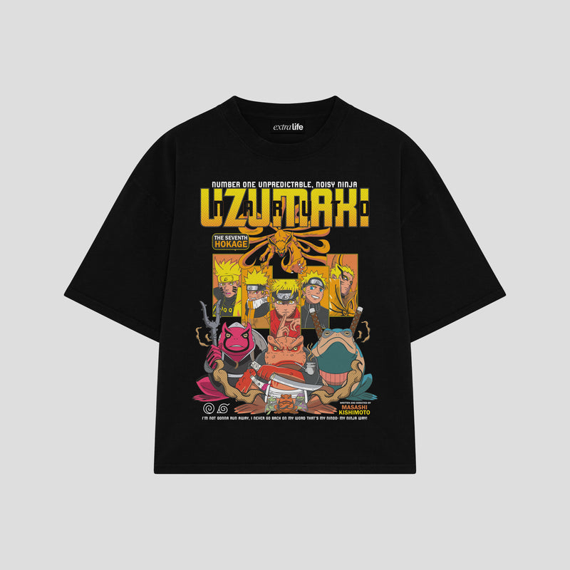 Playera streetwear premium de anime y gaming ExtraLife MX, corte boxy oversized drop shoulder heavyweight en color Deep Black y Off-White, moda urbana mexicana de culto.