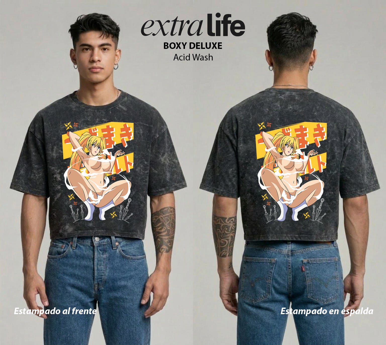 Playera streetwear premium de anime y gaming ExtraLife MX, corte boxy deluxe mineral wash heavyweight en color Acid Wash, moda urbana mexicana de culto.
