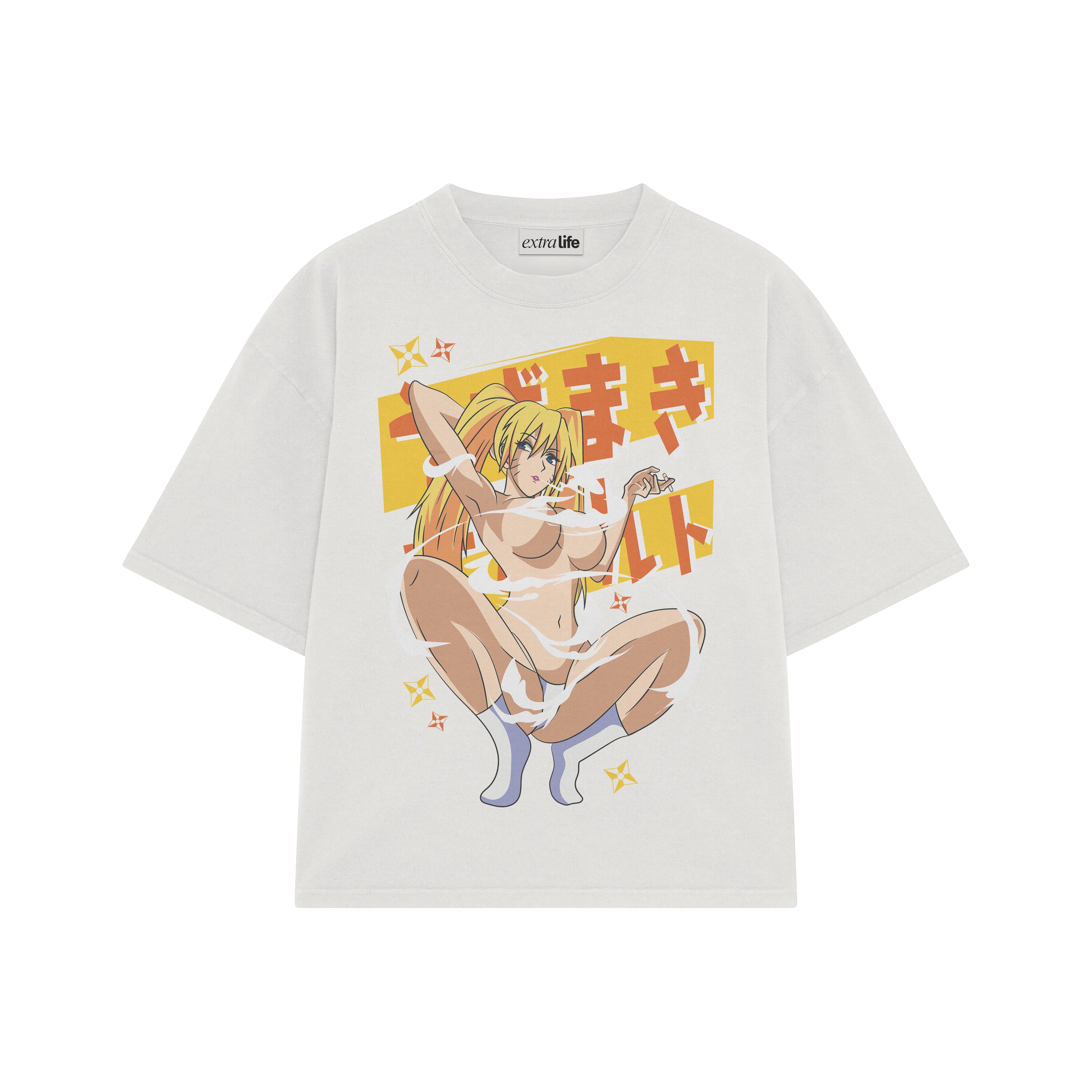 Playera streetwear premium de anime y gaming ExtraLife MX, corte boxy oversized drop shoulder heavyweight en color Deep Black y Off-White, moda urbana mexicana de culto.