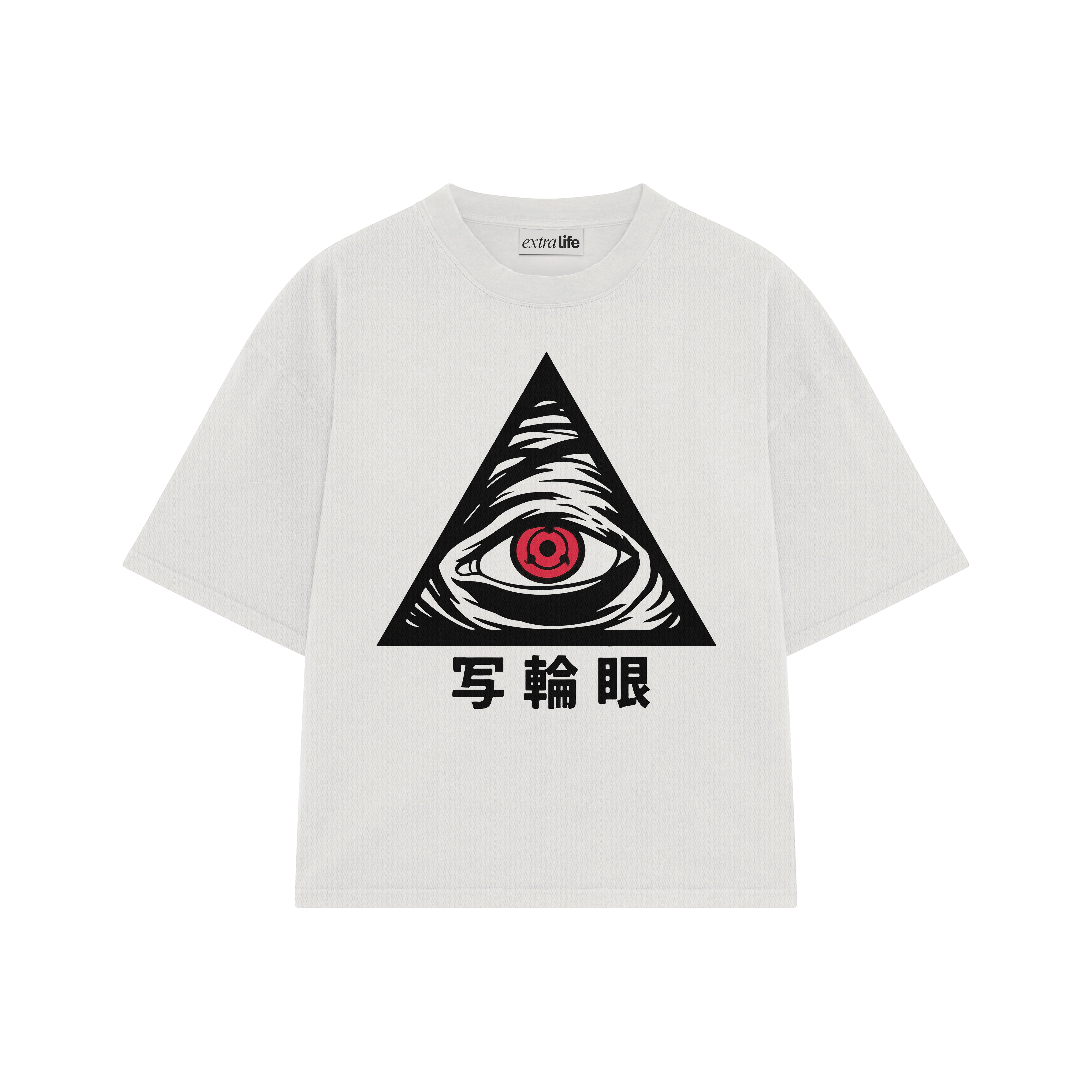 Playera streetwear premium de anime y gaming ExtraLife MX, corte boxy oversized drop shoulder heavyweight en color Deep Black y Off-White, moda urbana mexicana de culto.