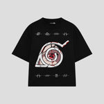 Playera streetwear premium de anime y gaming ExtraLife MX, corte boxy oversized drop shoulder heavyweight en color Deep Black y Off-White, moda urbana mexicana de culto.