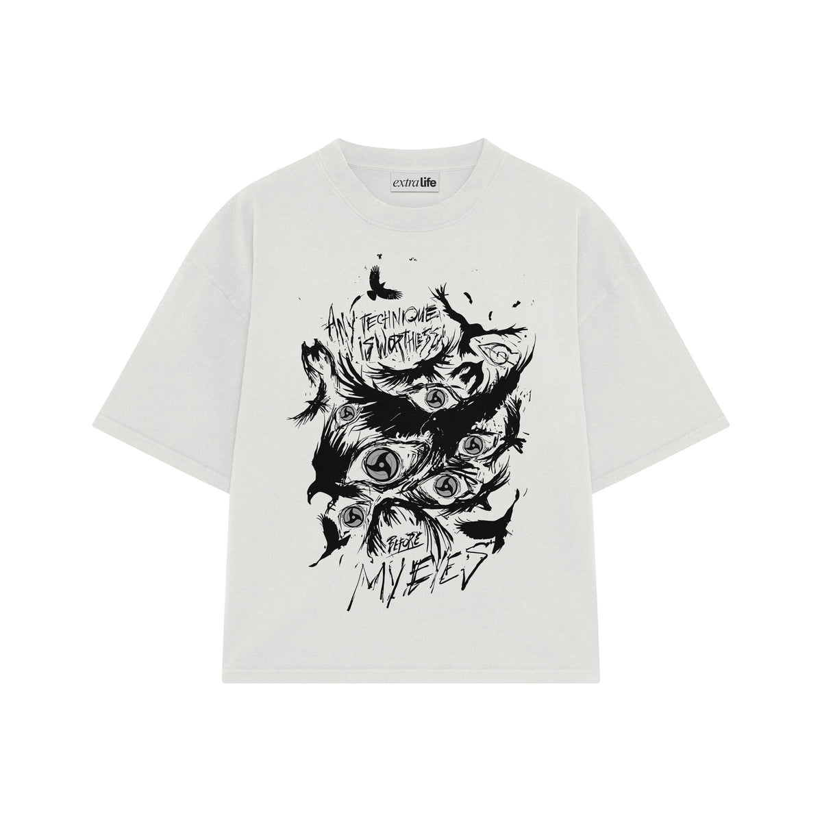 Playera streetwear premium de anime y gaming ExtraLife MX, corte oversized drop shoulder ligero y fresco en color Deep Black y Off-White, moda urbana mexicana de culto.