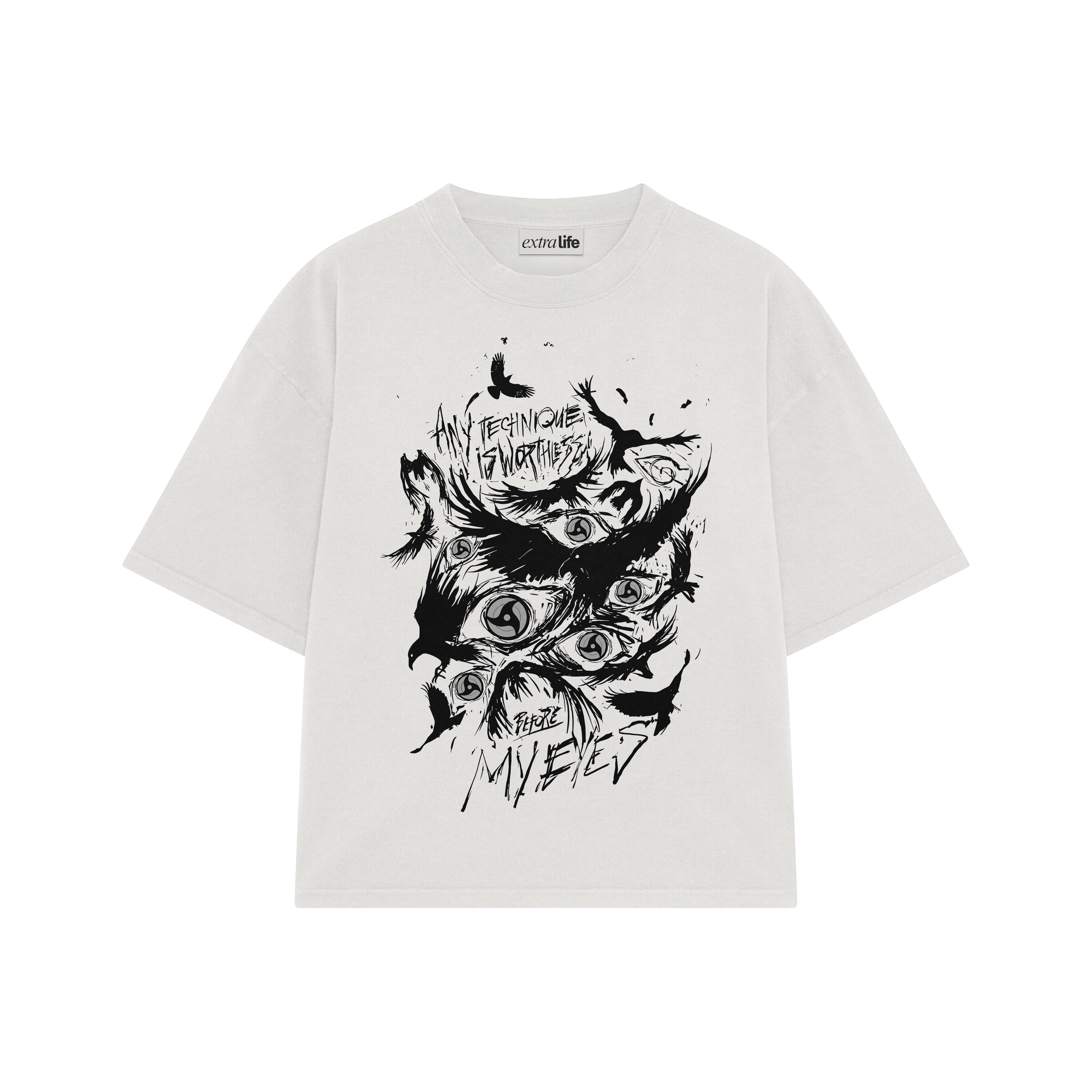 Playera streetwear premium de anime y gaming ExtraLife MX, corte boxy oversized drop shoulder heavyweight en color Deep Black y Off-White, moda urbana mexicana de culto.