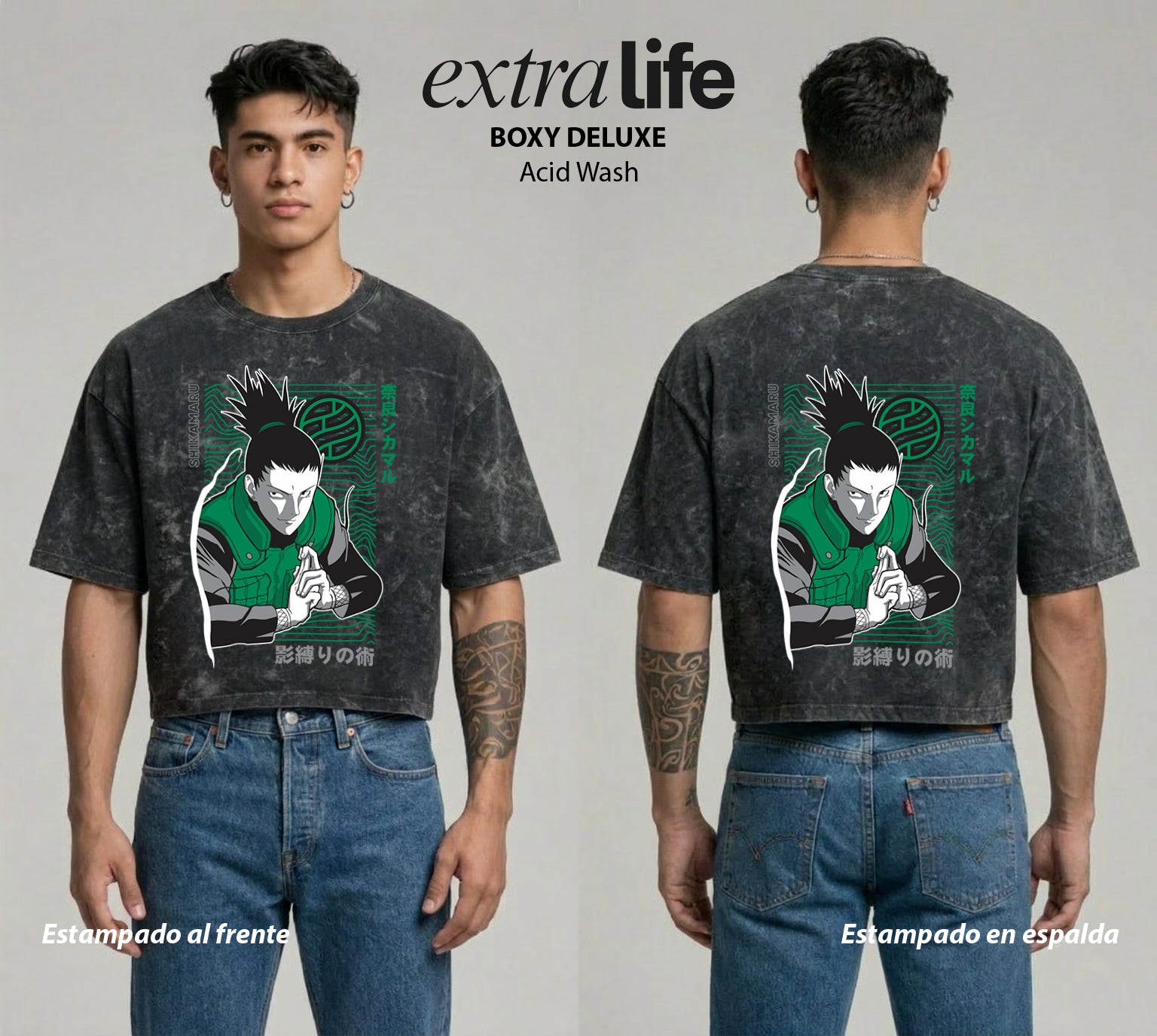 Playera streetwear premium de anime y gaming ExtraLife MX, corte boxy deluxe mineral wash heavyweight en color Acid Wash, moda urbana mexicana de culto.