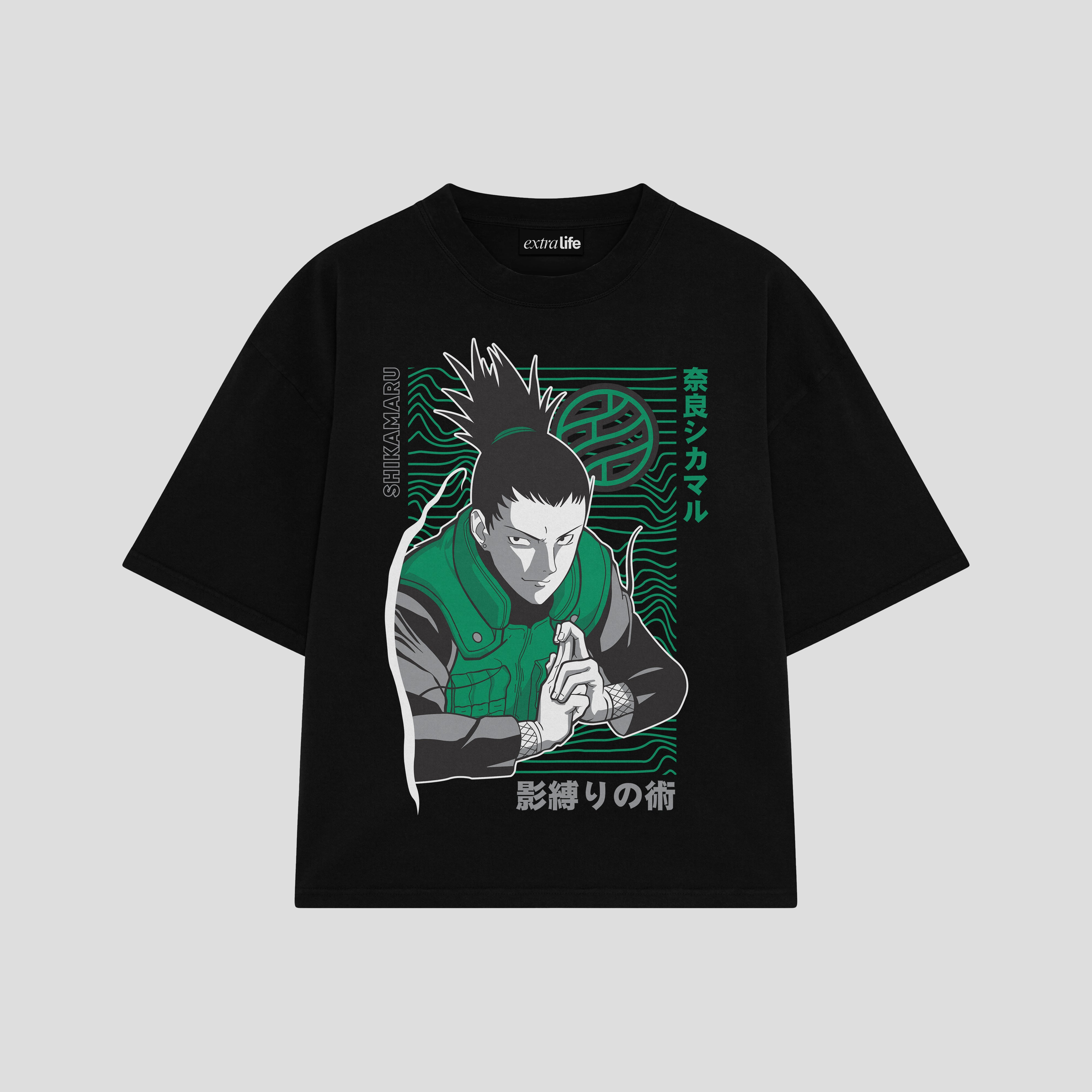 Playera streetwear premium de anime y gaming ExtraLife MX, corte boxy oversized drop shoulder heavyweight en color Deep Black y Off-White, moda urbana mexicana de culto.