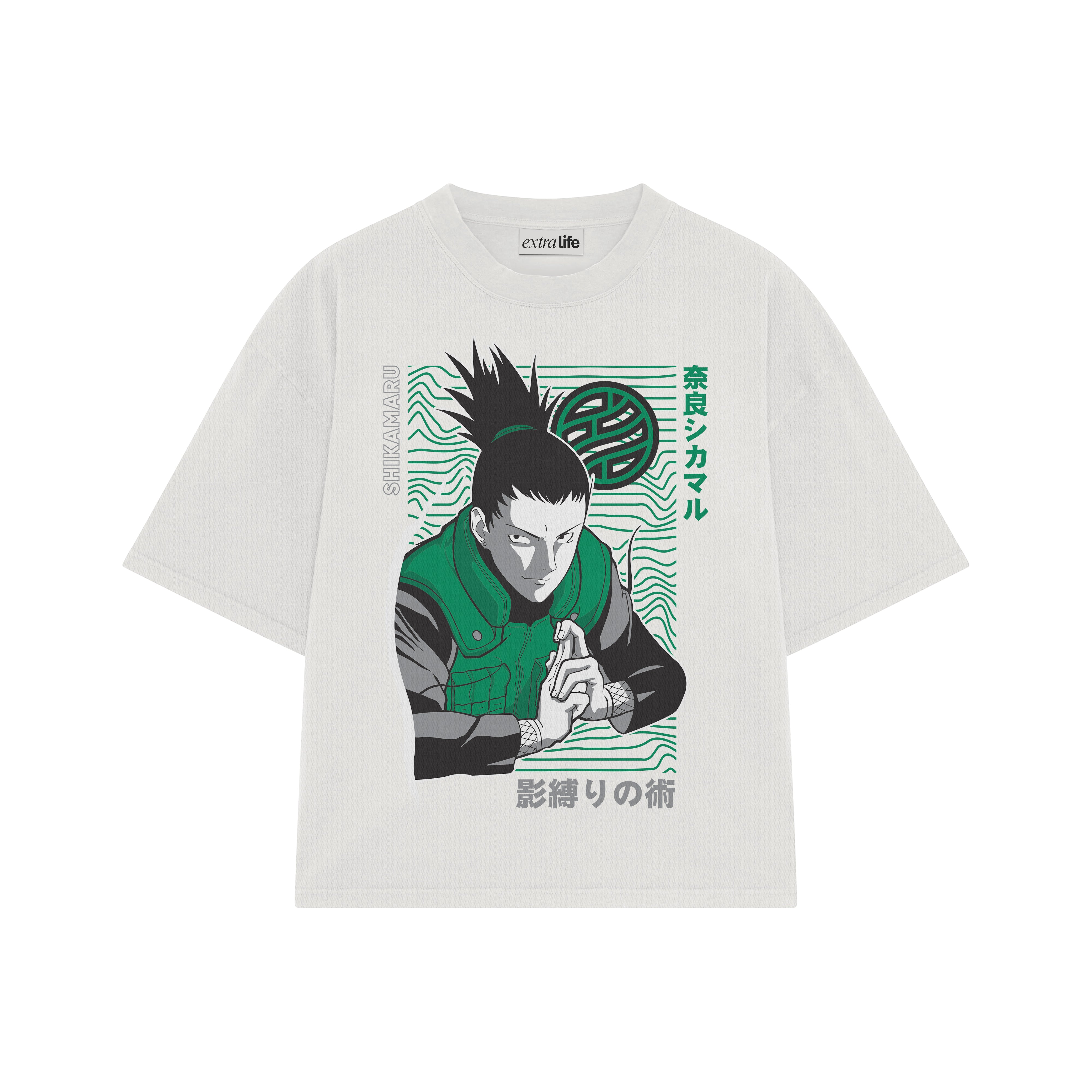 Playera streetwear premium de anime y gaming ExtraLife MX, corte boxy oversized drop shoulder heavyweight en color Deep Black y Off-White, moda urbana mexicana de culto.