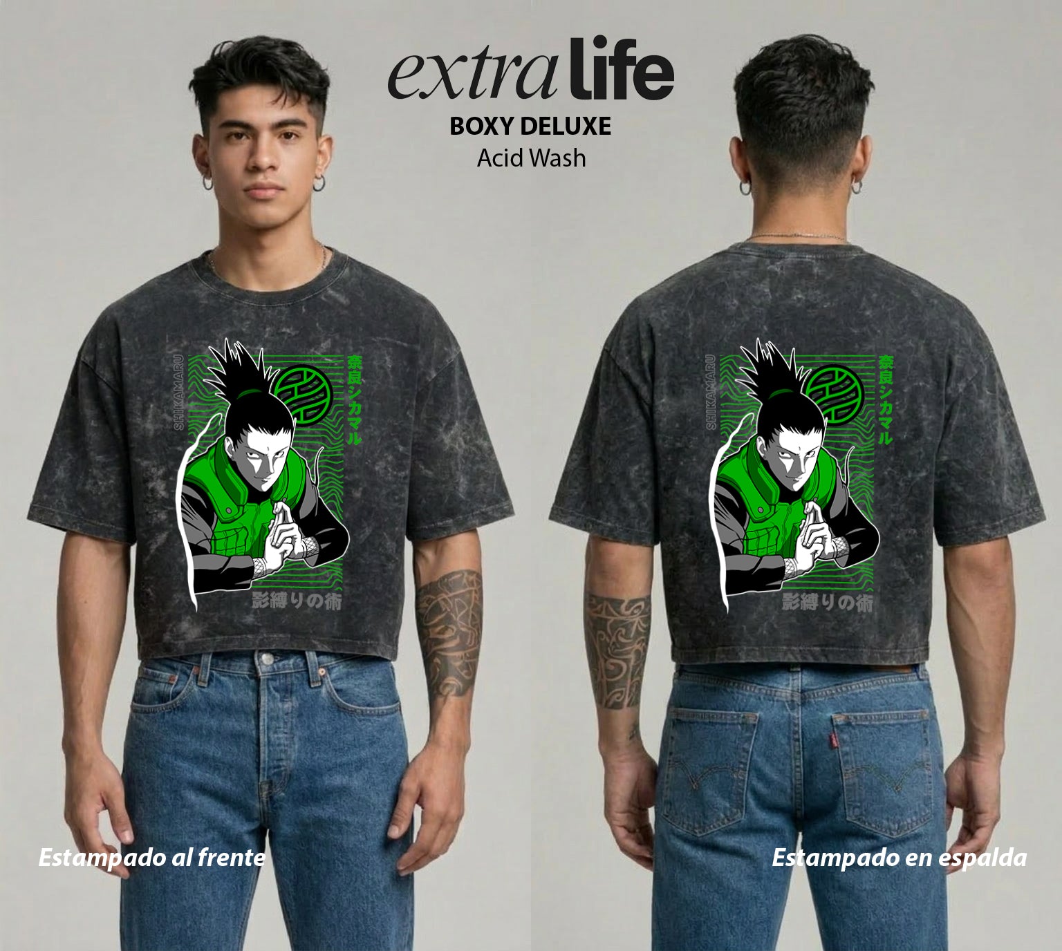 Playera streetwear premium de anime y gaming ExtraLife MX, corte boxy deluxe mineral wash heavyweight en color Acid Wash, moda urbana mexicana de culto.