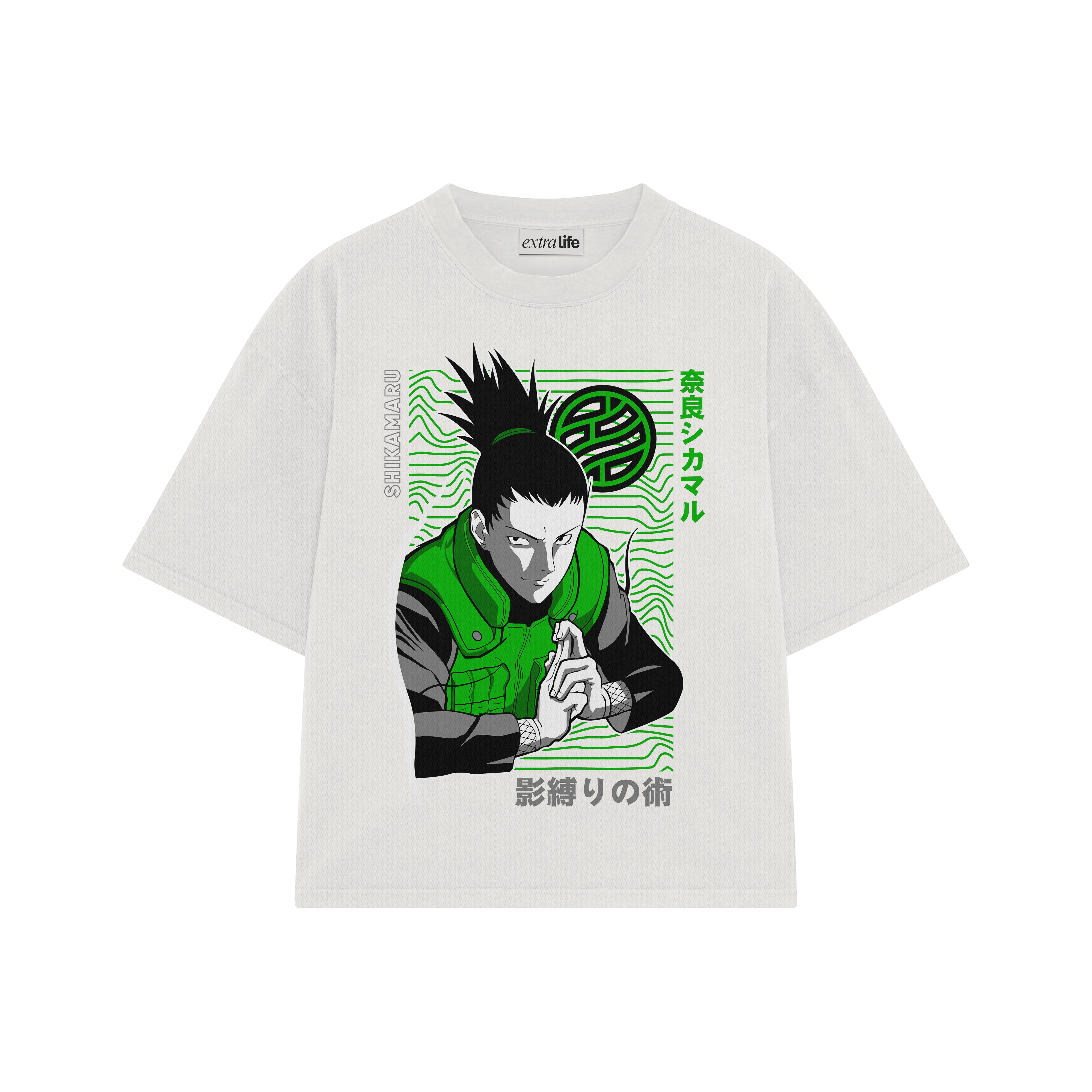 Playera streetwear premium de anime y gaming ExtraLife MX, corte boxy oversized drop shoulder heavyweight en color Deep Black y Off-White, moda urbana mexicana de culto.