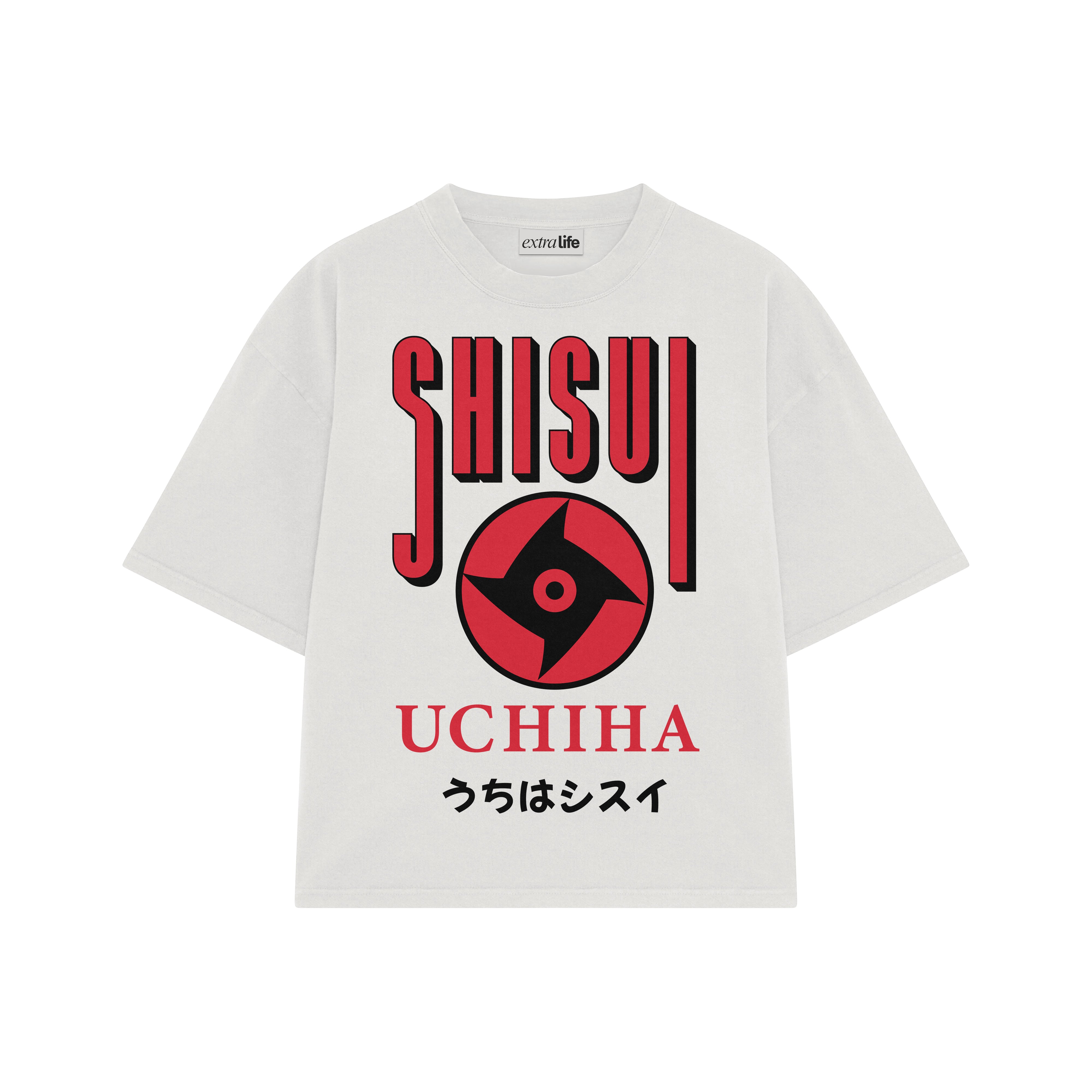 Playera streetwear premium de anime y gaming ExtraLife MX, corte boxy oversized drop shoulder heavyweight en color Deep Black y Off-White, moda urbana mexicana de culto.