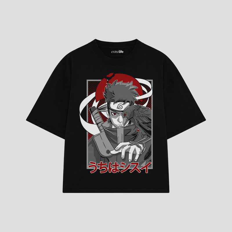 Playera streetwear premium de anime y gaming ExtraLife MX, corte boxy oversized drop shoulder heavyweight en color Deep Black y Off-White, moda urbana mexicana de culto.