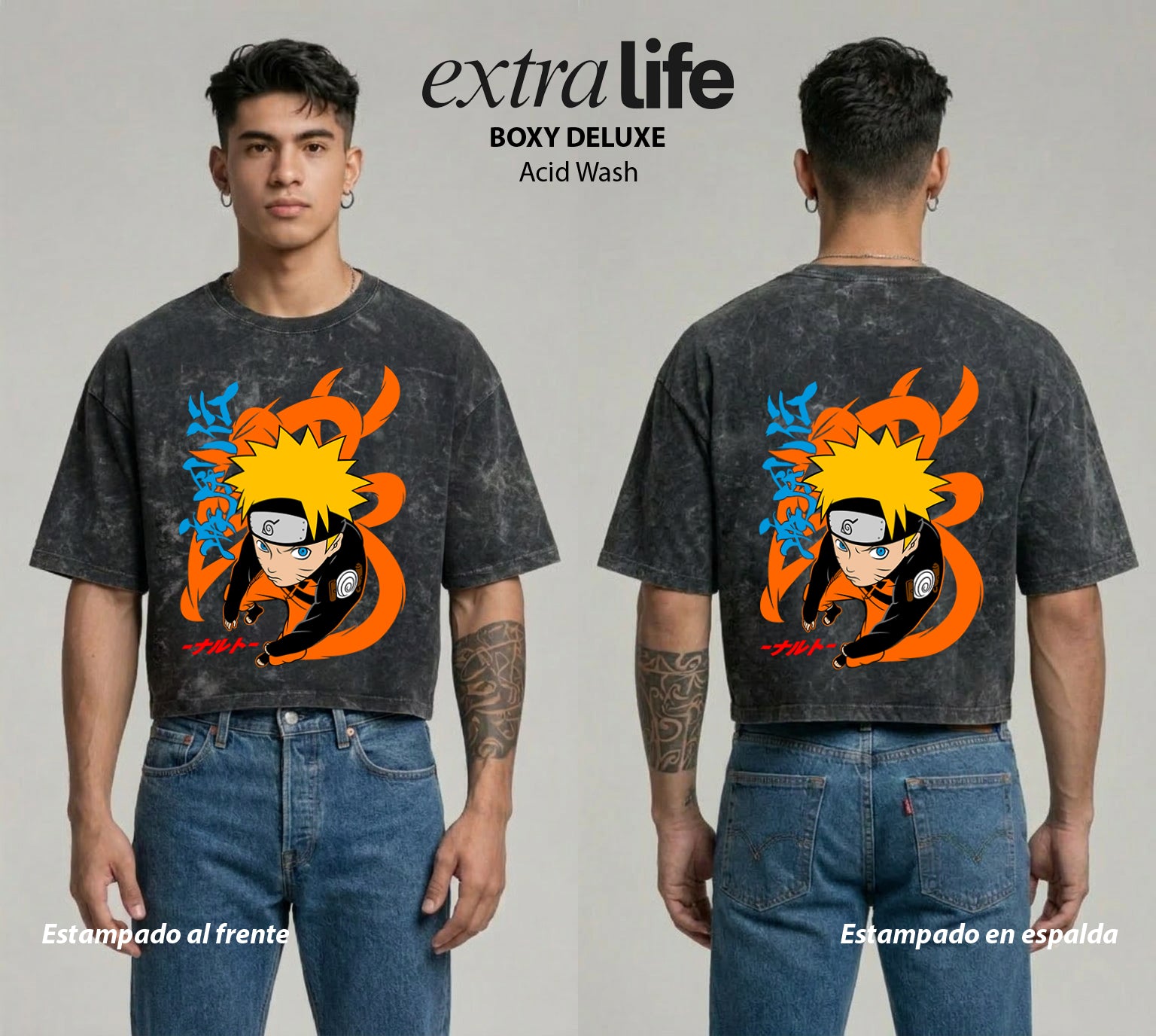 Playera streetwear premium de anime y gaming ExtraLife MX, corte boxy deluxe mineral wash heavyweight en color Acid Wash, moda urbana mexicana de culto.